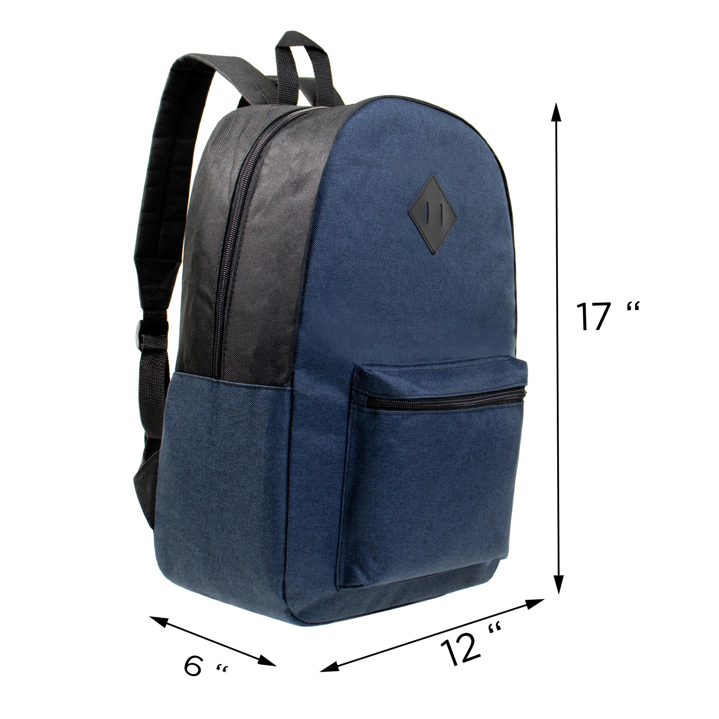 12 Bulk 17" Backpacks Diamond Patch in Assorted Dark Colors & 12 Wholesale School Supplies Kits