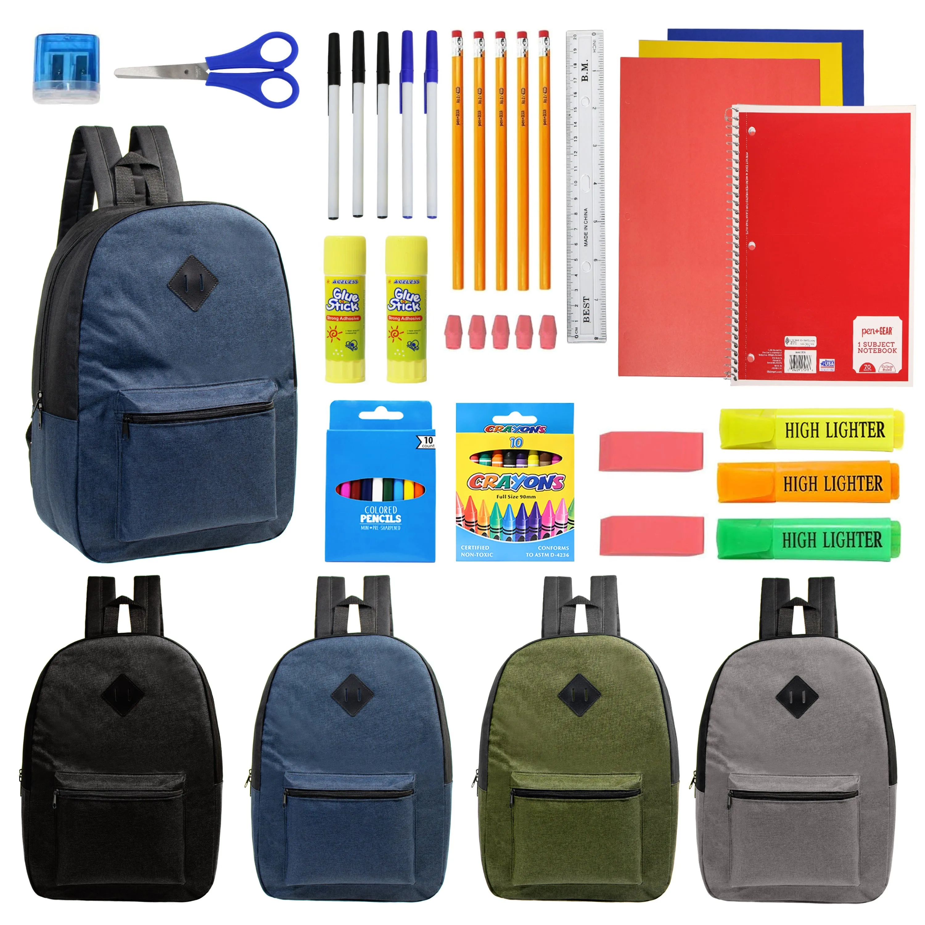 12 Bulk 17" Backpacks Diamond Patch in Assorted Dark Colors & 12 Wholesale School Supplies Kits