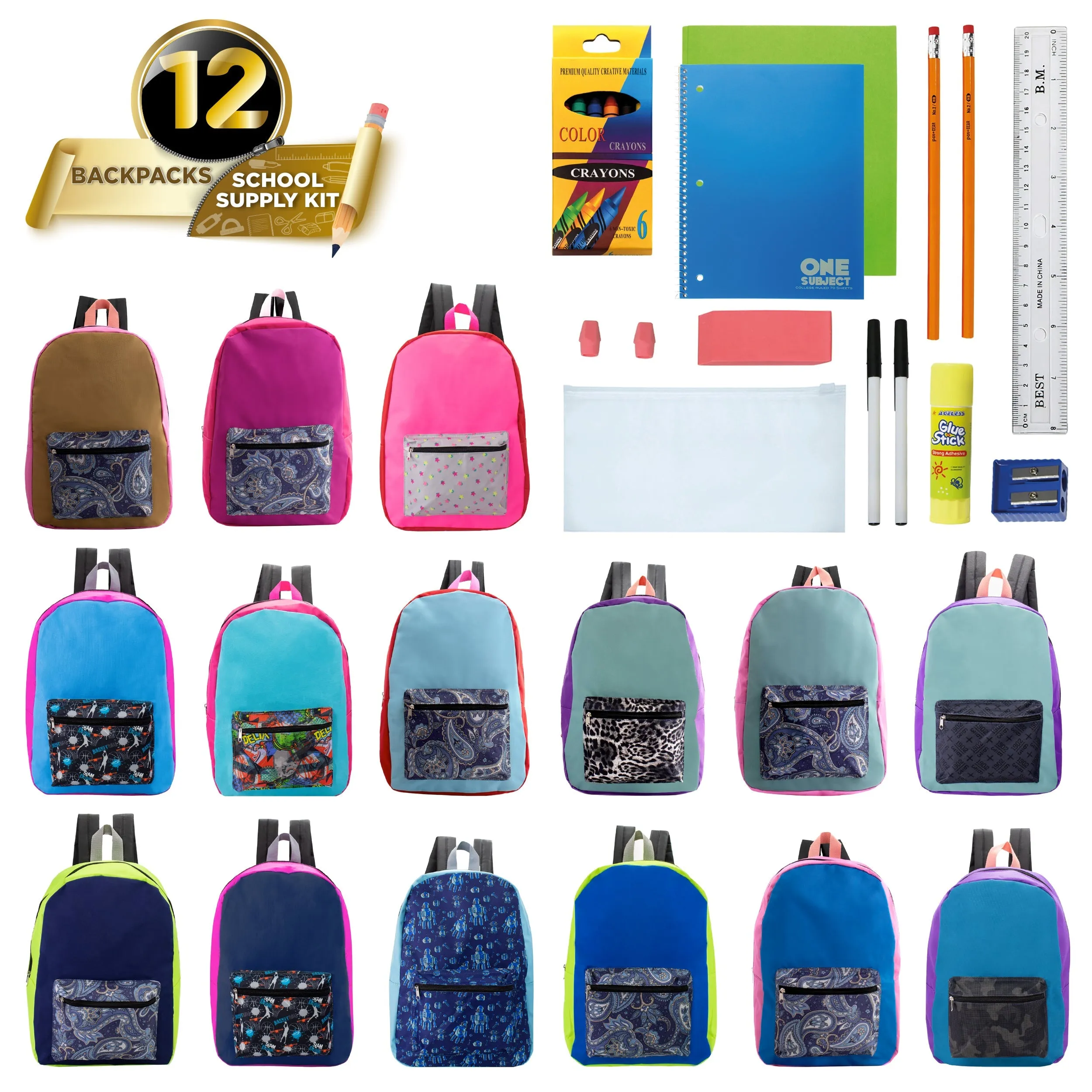 12 Wholesale 17" Backpacks in Random Assorted Prints and 12 Bulk School Supply Kits of Your Choice