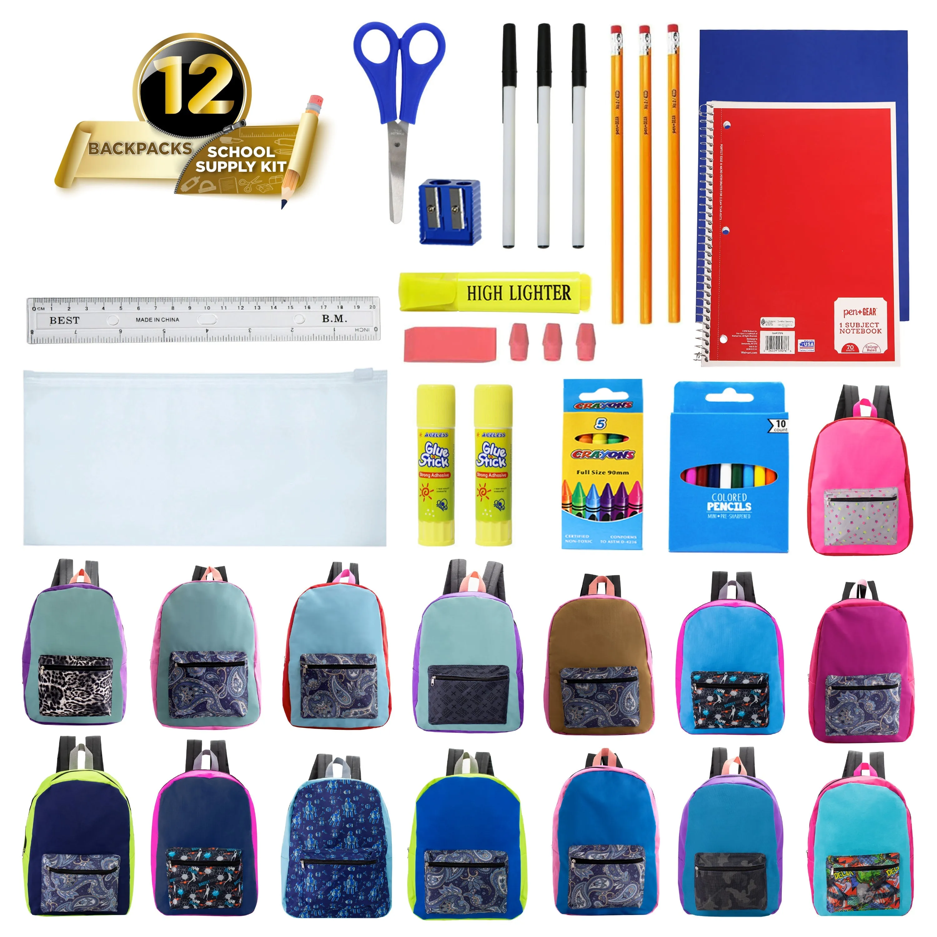 12 Wholesale 17" Backpacks in Random Assorted Prints and 12 Bulk School Supply Kits of Your Choice