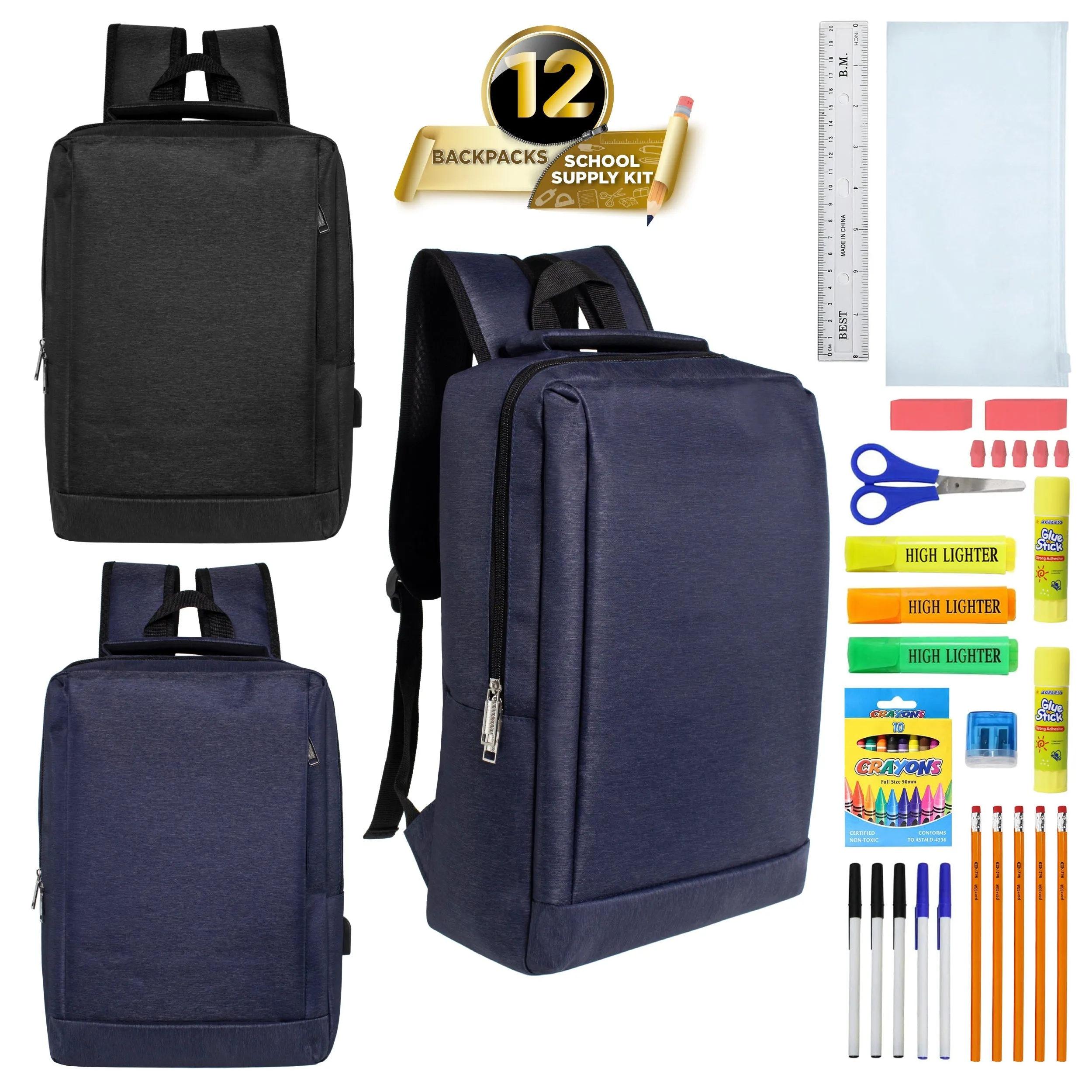 12 Wholesale 18" Premium Laptop Backpacks & 12 Bulk School Supply Kits of Your Choice