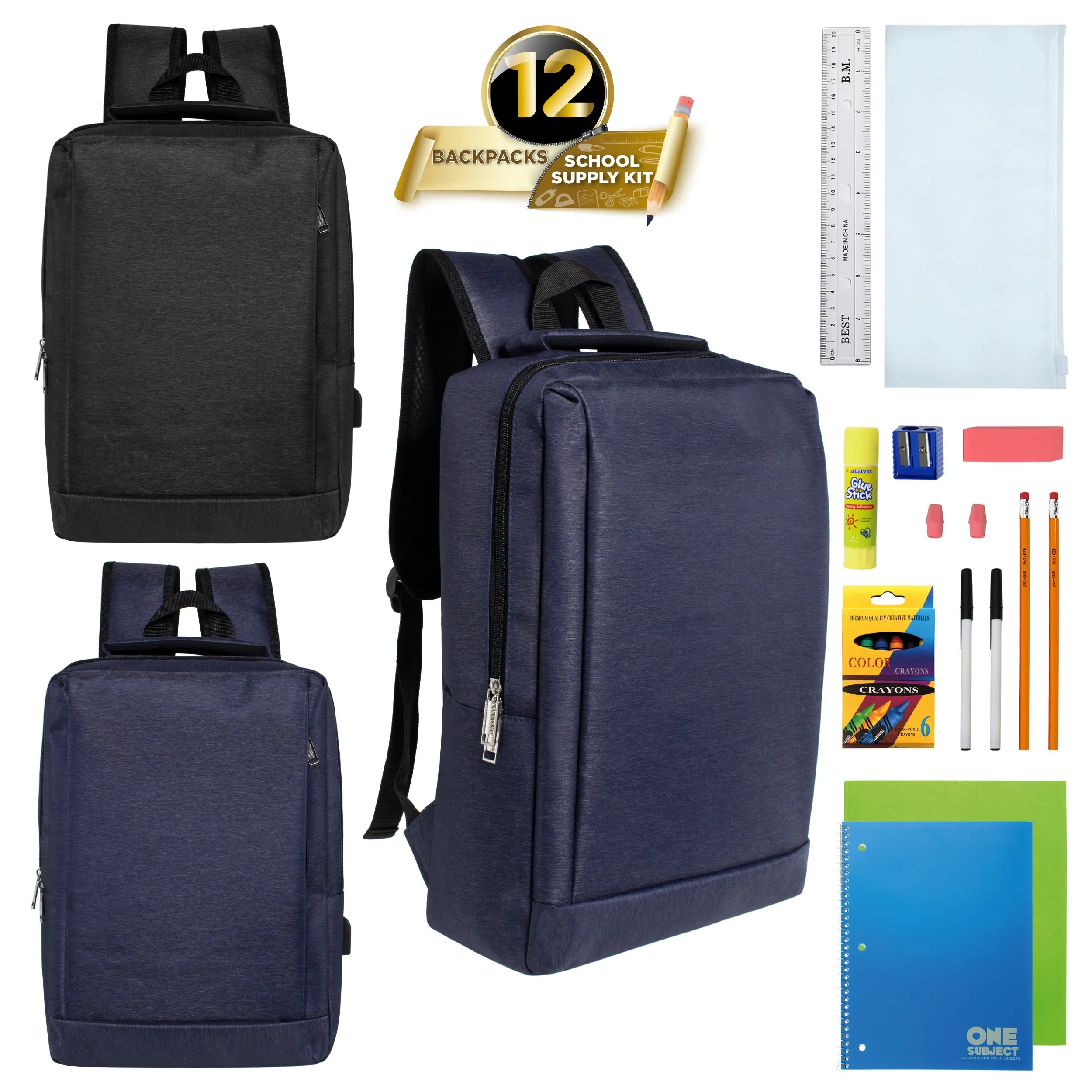 12 Wholesale 18" Premium Laptop Backpacks & 12 Bulk School Supply Kits of Your Choice