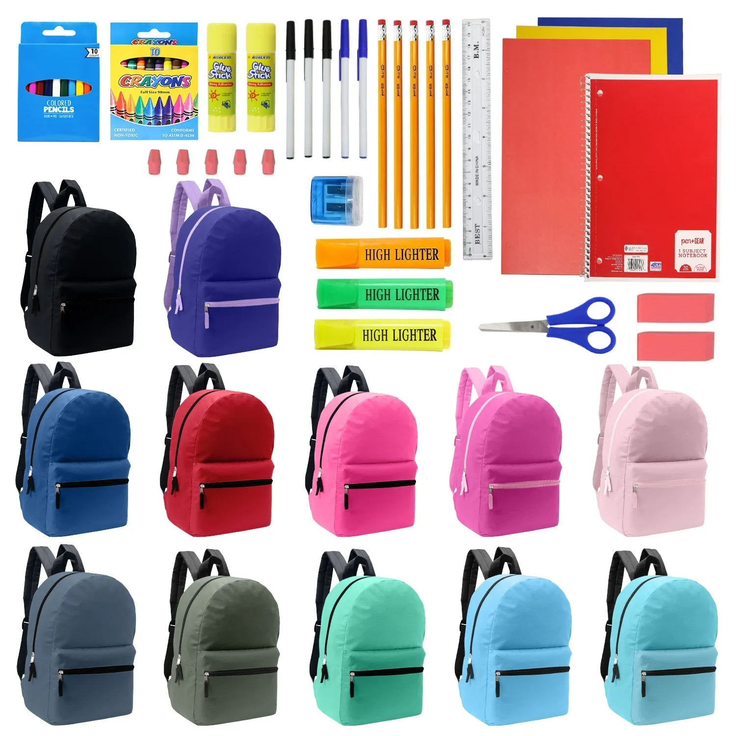 12 Wholesale Blank Student 17" Backpacks in Assorted Colors and 12 Bulk School Supply Kits of Your Choice