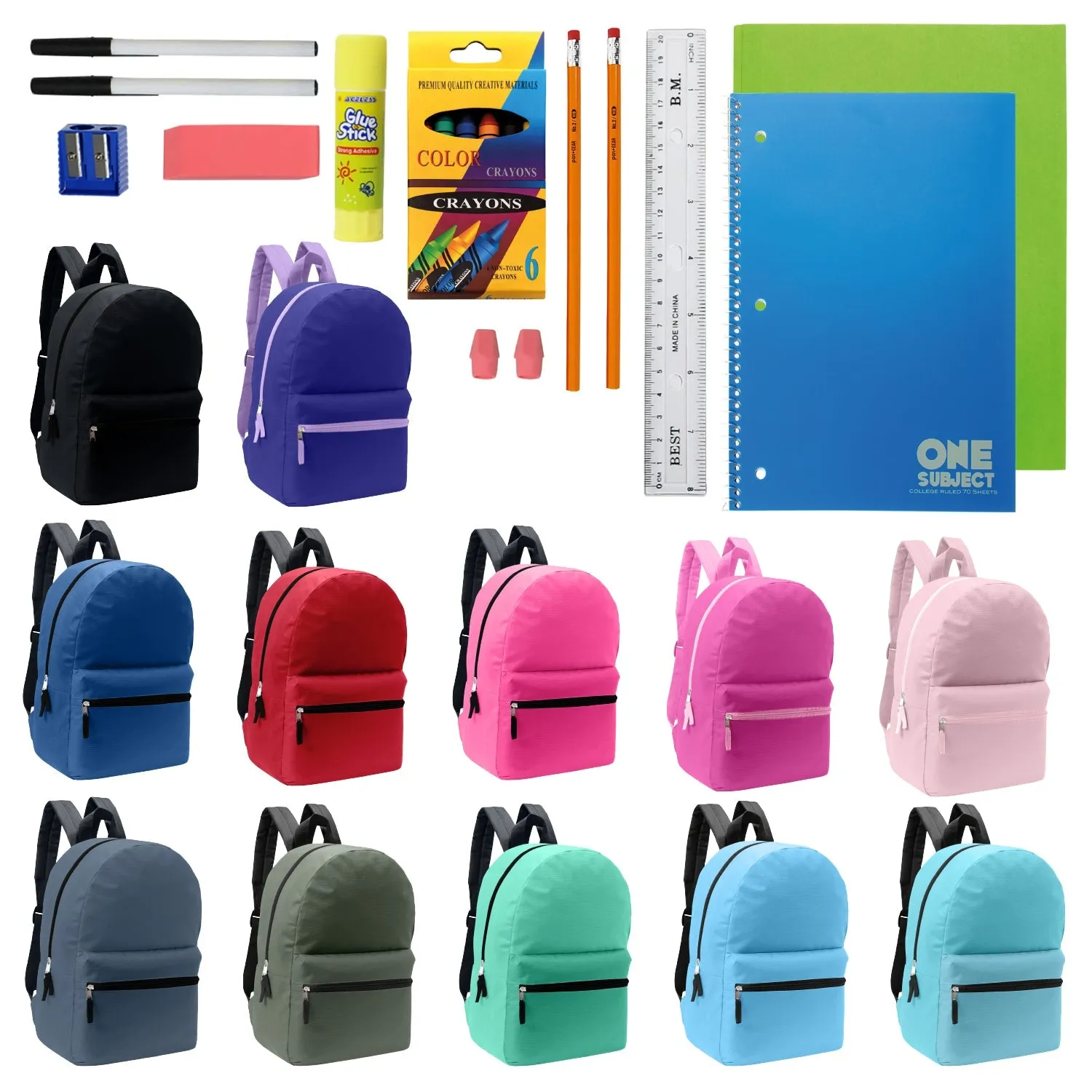 12 Wholesale Blank Student 17" Backpacks in Assorted Colors and 12 Bulk School Supply Kits of Your Choice