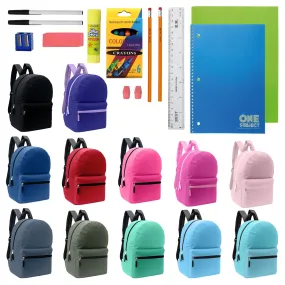 12 Wholesale Blank Student 17" Backpacks in Assorted Colors and 12 Bulk School Supply Kits of Your Choice