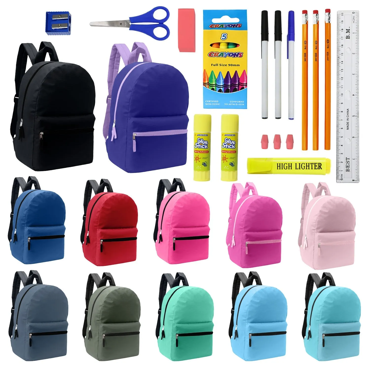 12 Wholesale Blank Student 17" Backpacks in Assorted Colors and 12 Bulk School Supply Kits of Your Choice