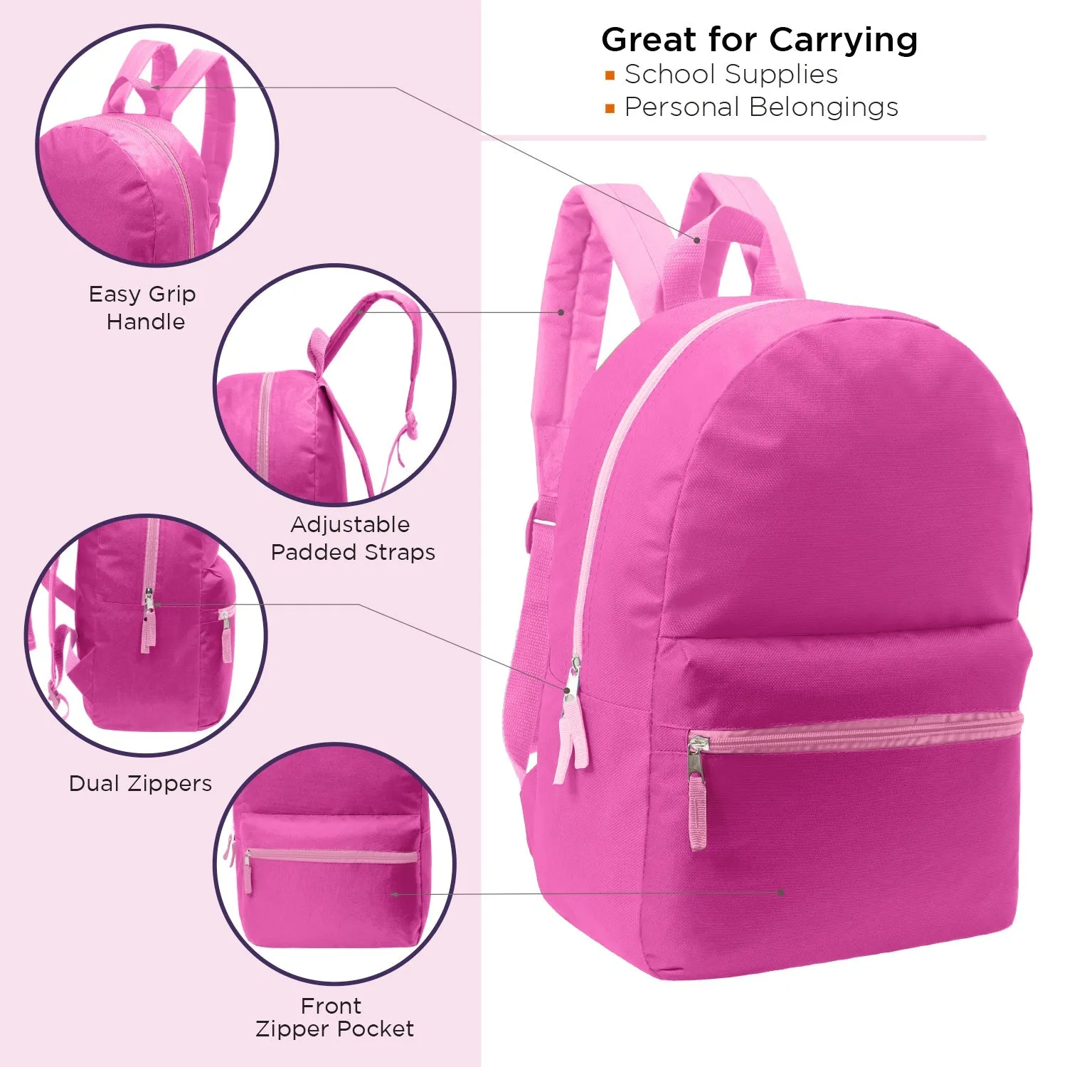 12 Wholesale Blank Student 17" Backpacks in Assorted Colors and 12 Bulk School Supply Kits of Your Choice