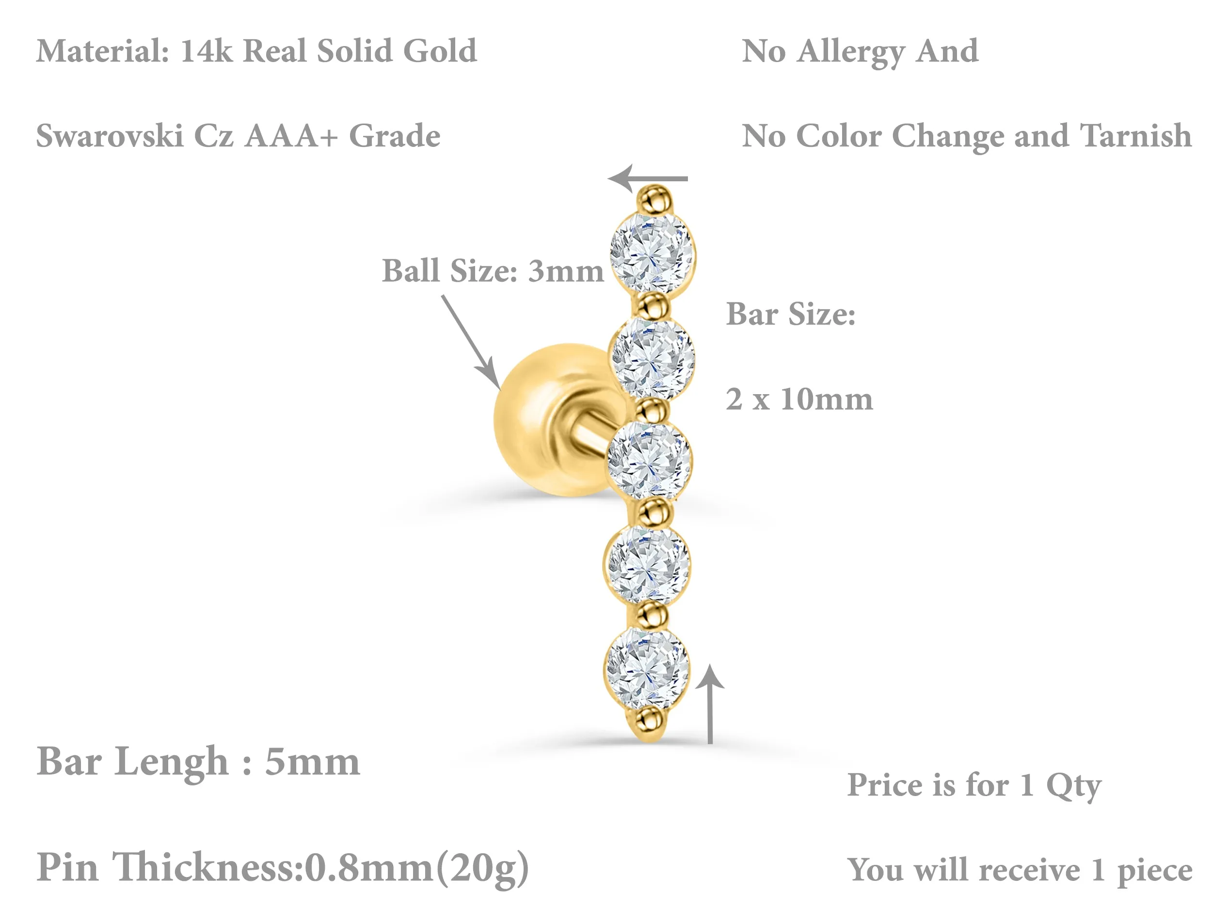 14k Gold Round Cubic Stick Pendant Barbell Ear Stud Piercing