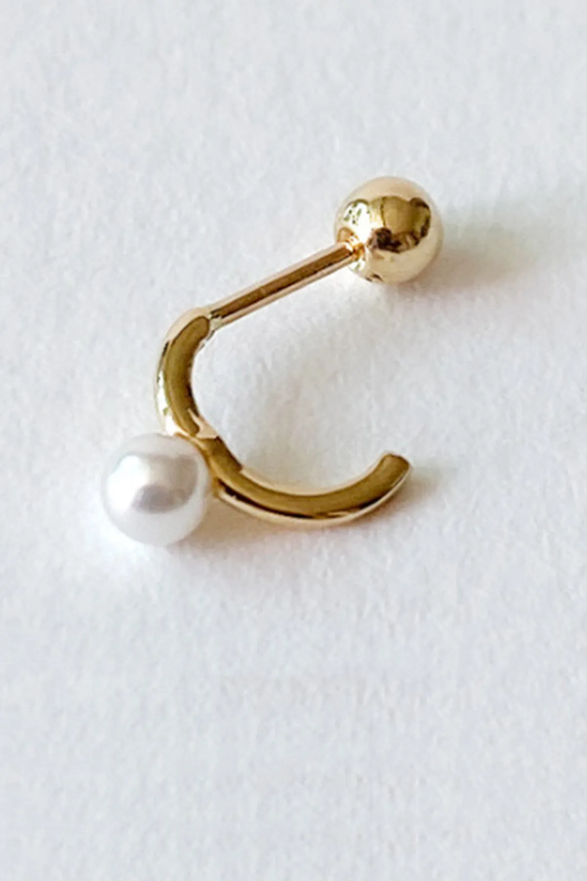 14K Solid Gold Curved Line Hoop Pearl Tragus Cartilage Helix Conch Earring Barbell Piercing Stud