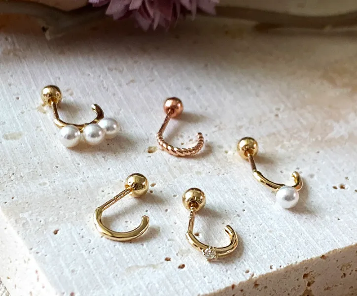 14K Solid Gold Curved Line Hoop Pearl Tragus Cartilage Helix Conch Earring Barbell Piercing Stud