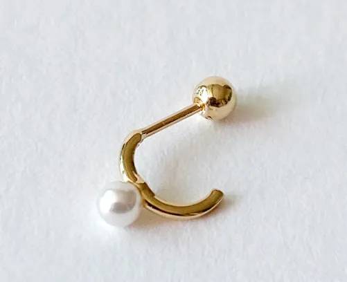 14K Solid Gold Curved Line Hoop Pearl Tragus Cartilage Helix Conch Earring Barbell Piercing Stud