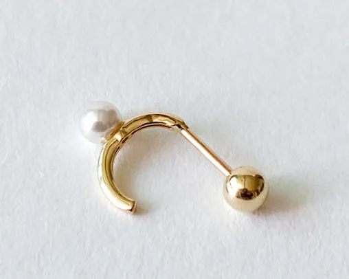 14K Solid Gold Curved Line Hoop Pearl Tragus Cartilage Helix Conch Earring Barbell Piercing Stud