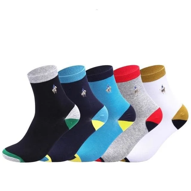 5 Pairs Lot Fashion Color Block Casual Cotton Embroidery Men's Socks