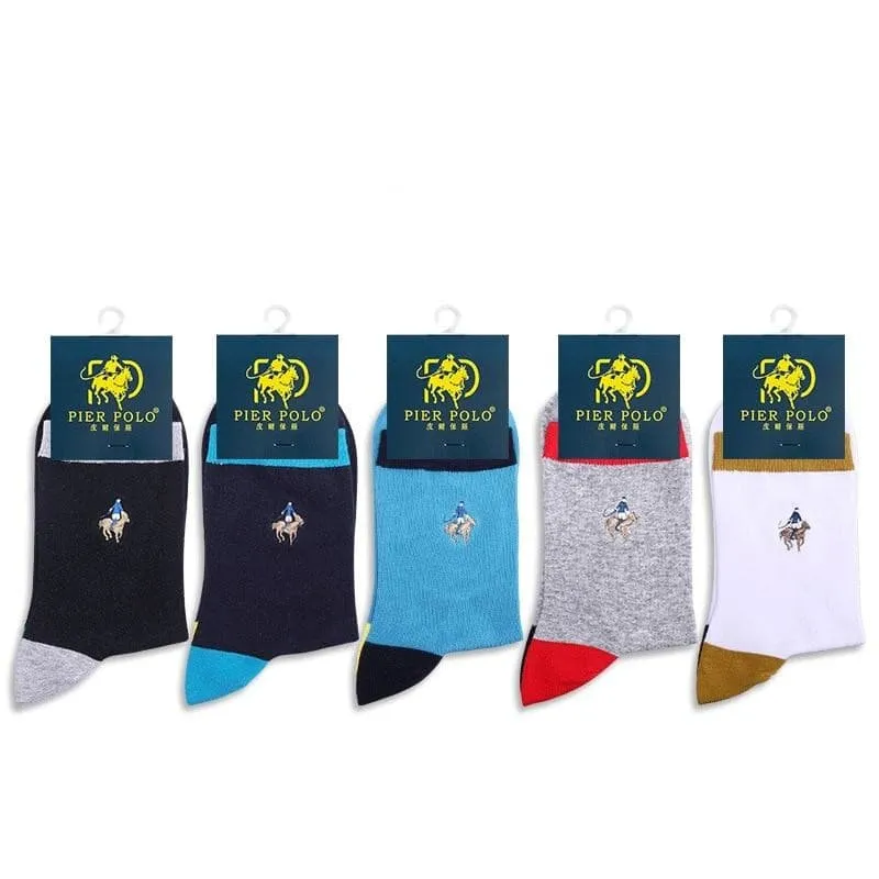 5 Pairs Lot Fashion Color Block Casual Cotton Embroidery Men's Socks