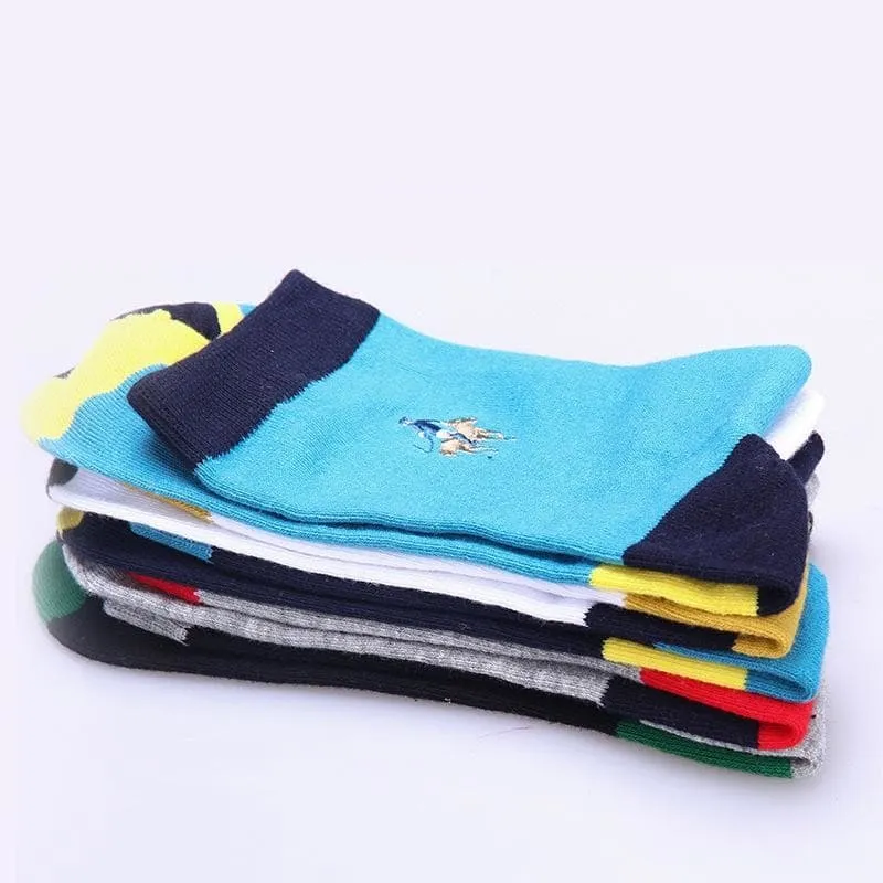 5 Pairs Lot Fashion Color Block Casual Cotton Embroidery Men's Socks