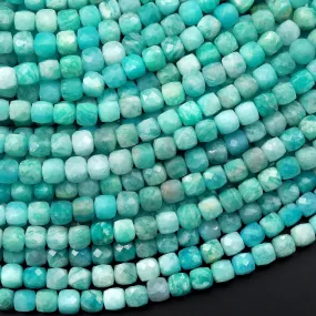 AA Natural Peruvian Amazonite Faceted 4mm Cube Square Beads Stunning Soft Aqua Blue Green Gemstone 15.5" Strand