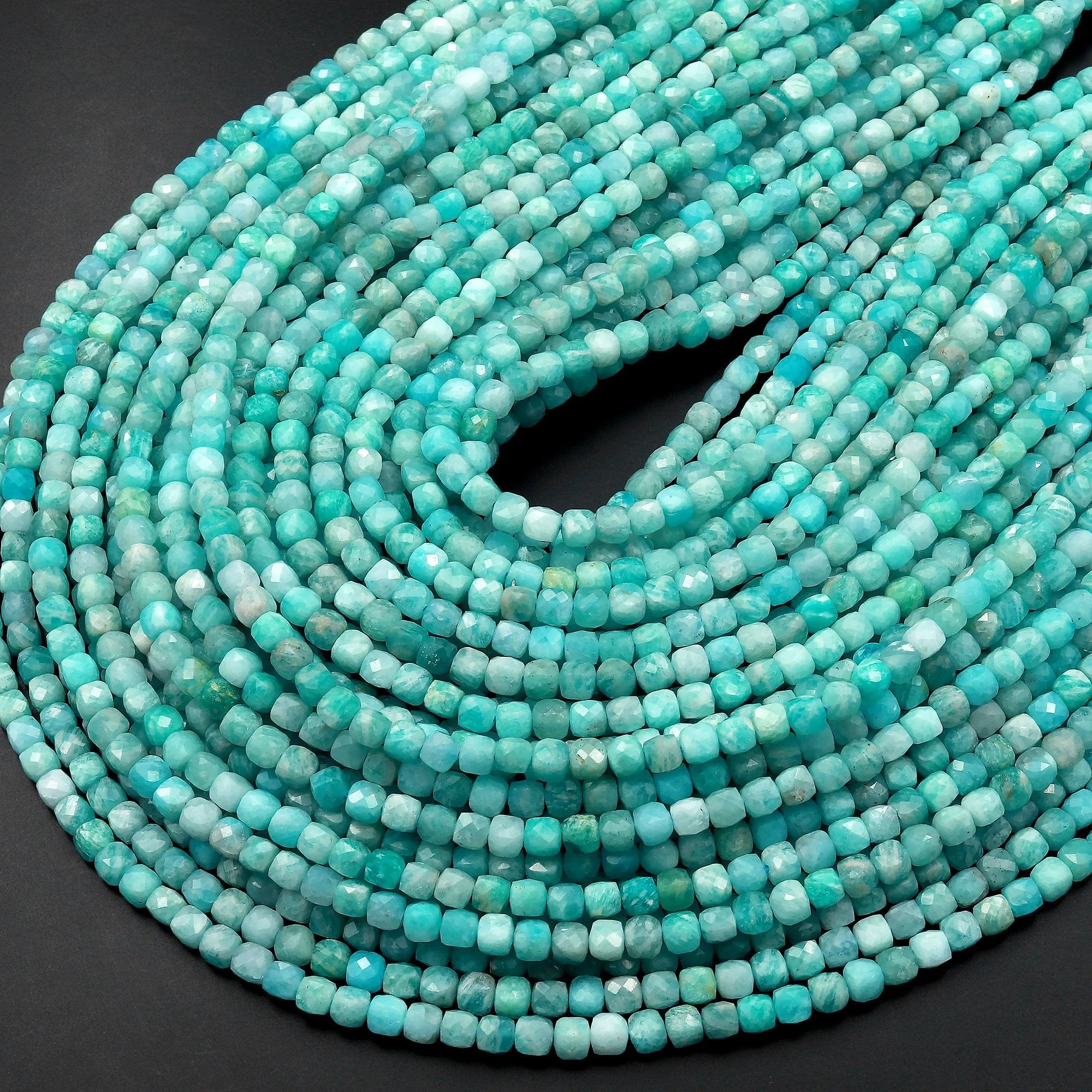 AA Natural Peruvian Amazonite Faceted 4mm Cube Square Beads Stunning Soft Aqua Blue Green Gemstone 15.5" Strand