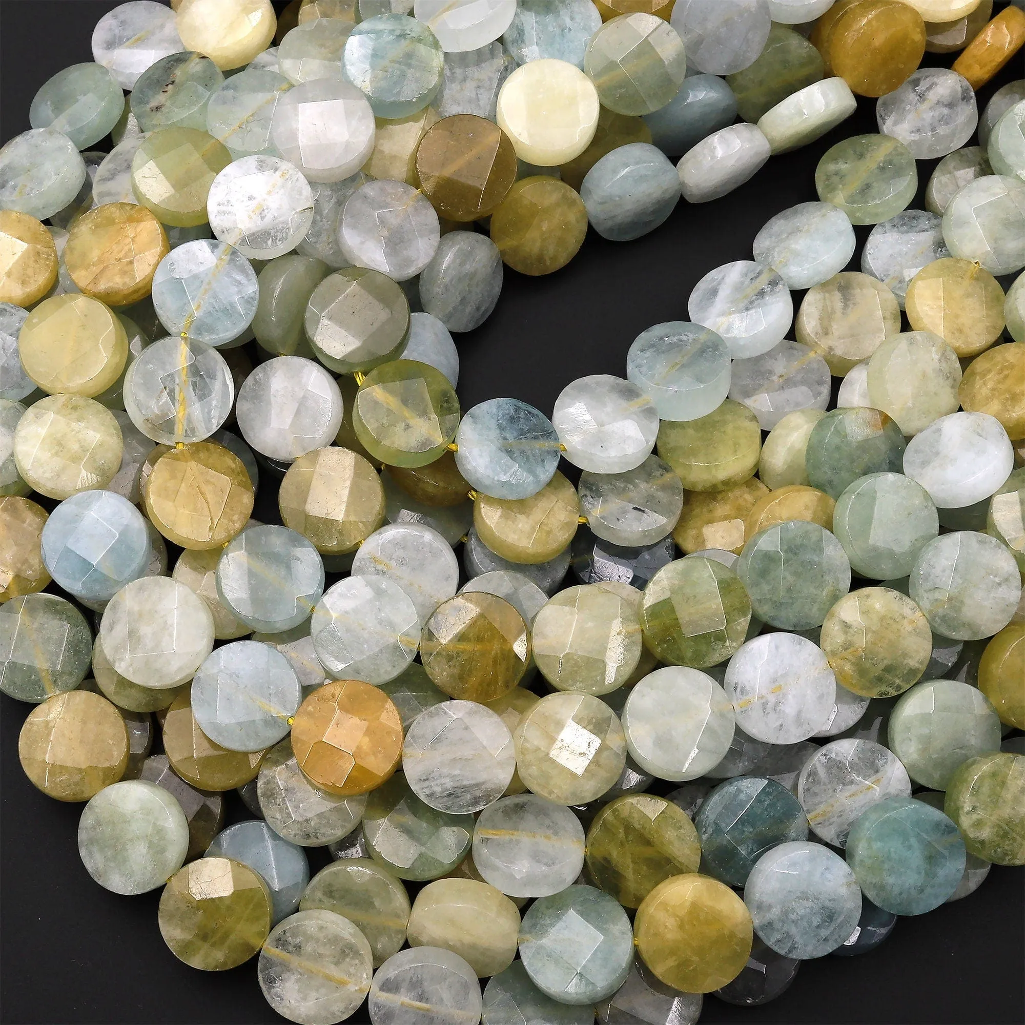 AAA Faceted 12mm 14mm Blue Green Canary Yellow Aquamarine Coin Beads Flat Disc Dazzling Facets Natural Gemstone 15.5" Strand