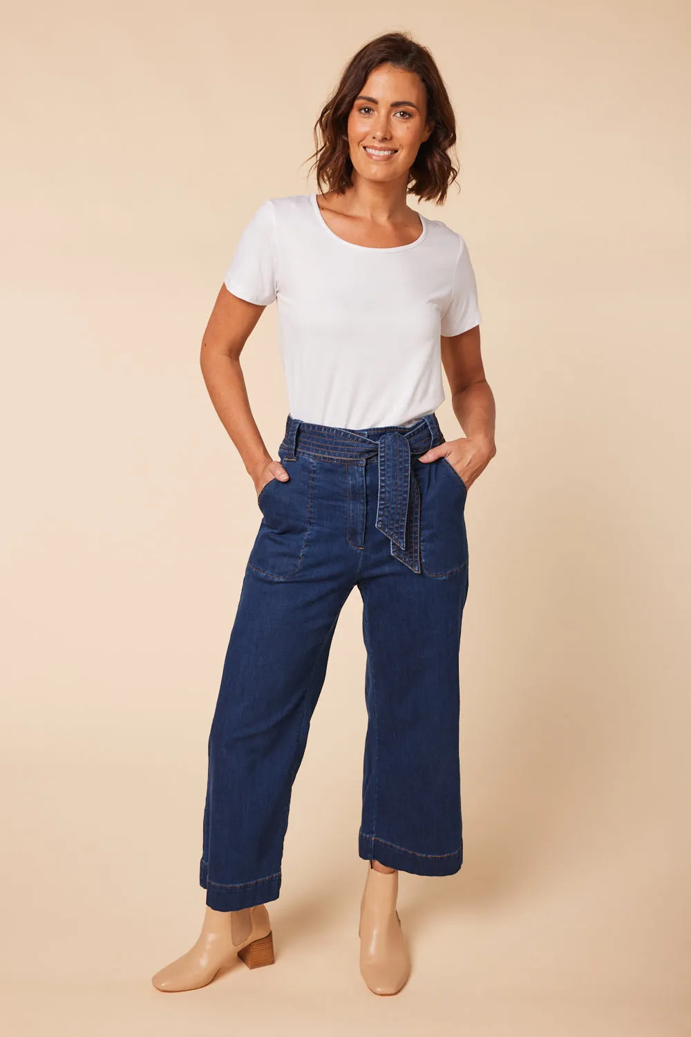 Adrift Denim Waist-Tie Jean in Mid Wash