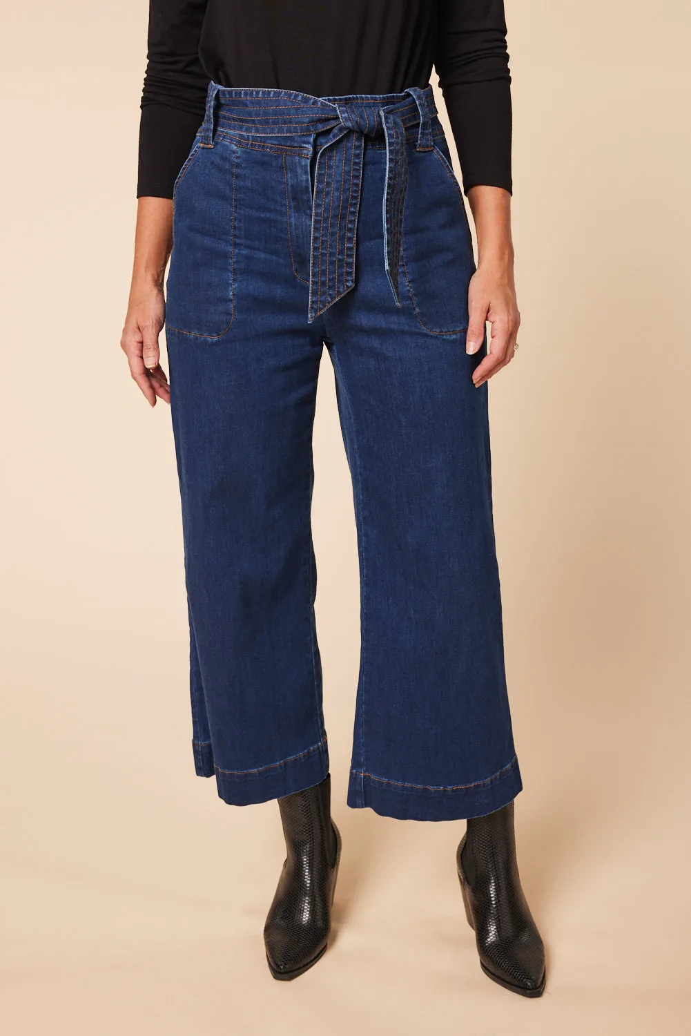 Adrift Denim Waist-Tie Jean in Mid Wash