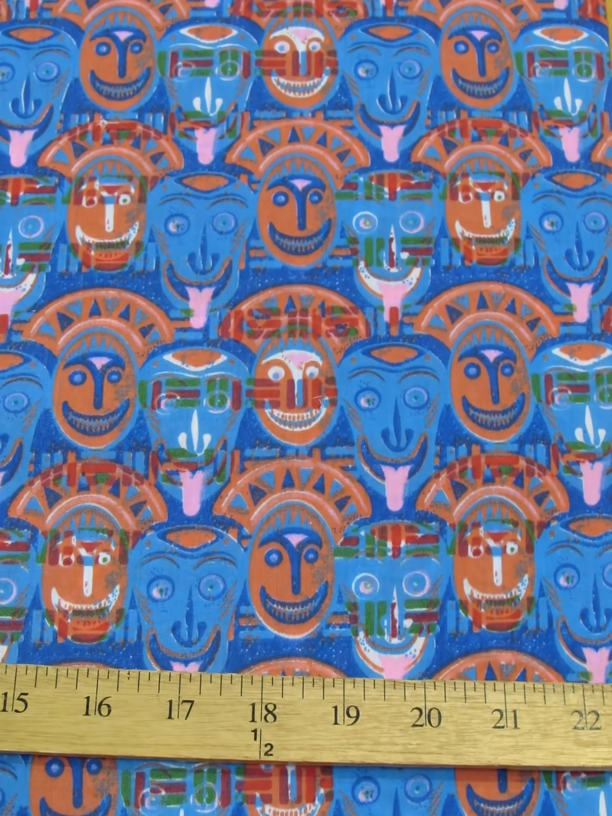 African Cultural Masks Printed Poly Cotton Fabric / Multi-Blue / Sold By The Yard