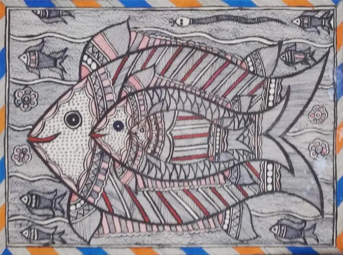 Aqua Symphony: Ambika Devi's Monochromatic Fishes in Madhubani Painting