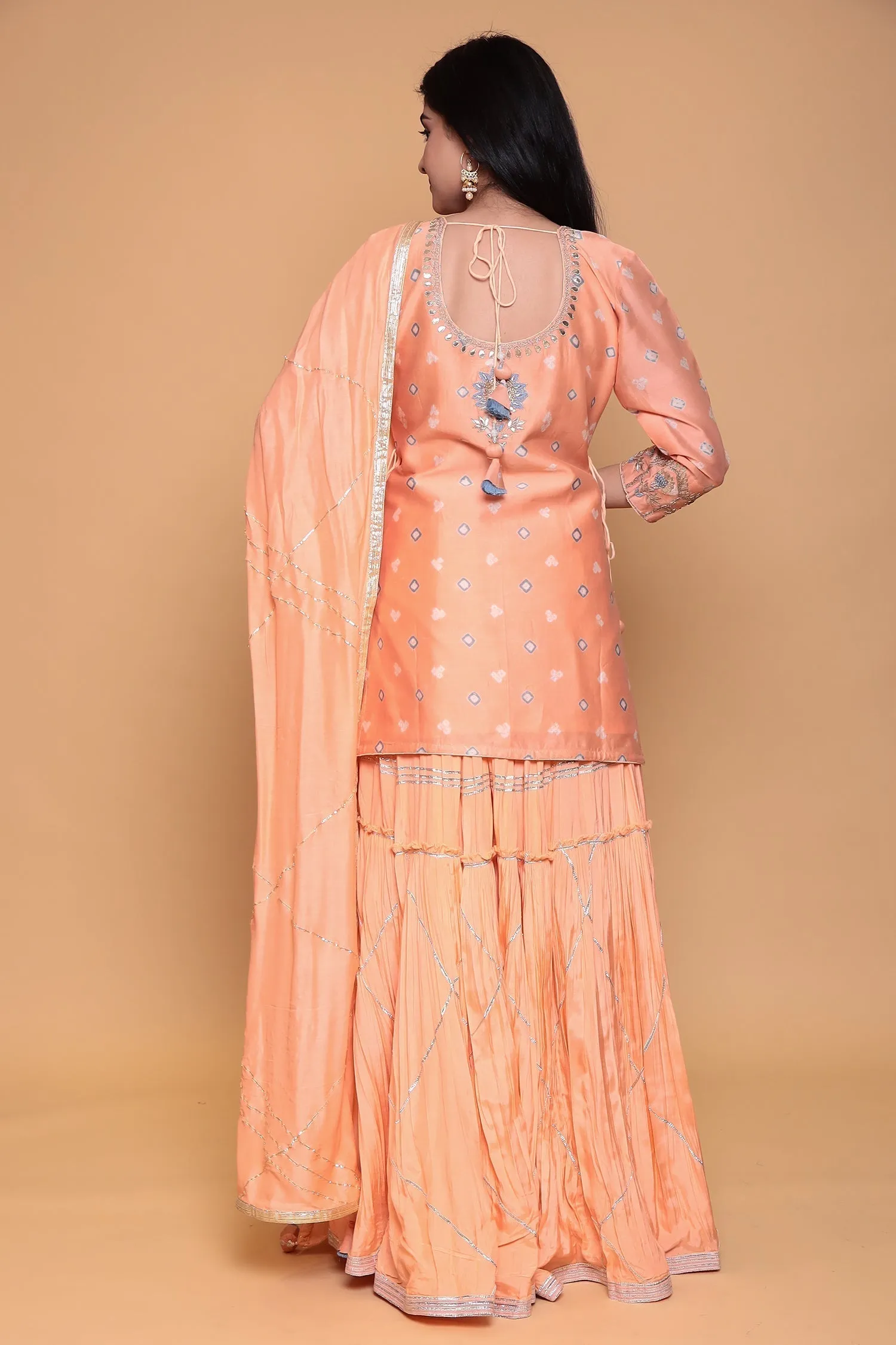 Bandhej Silk Suit with Gota, Gota Patti, Thread work.