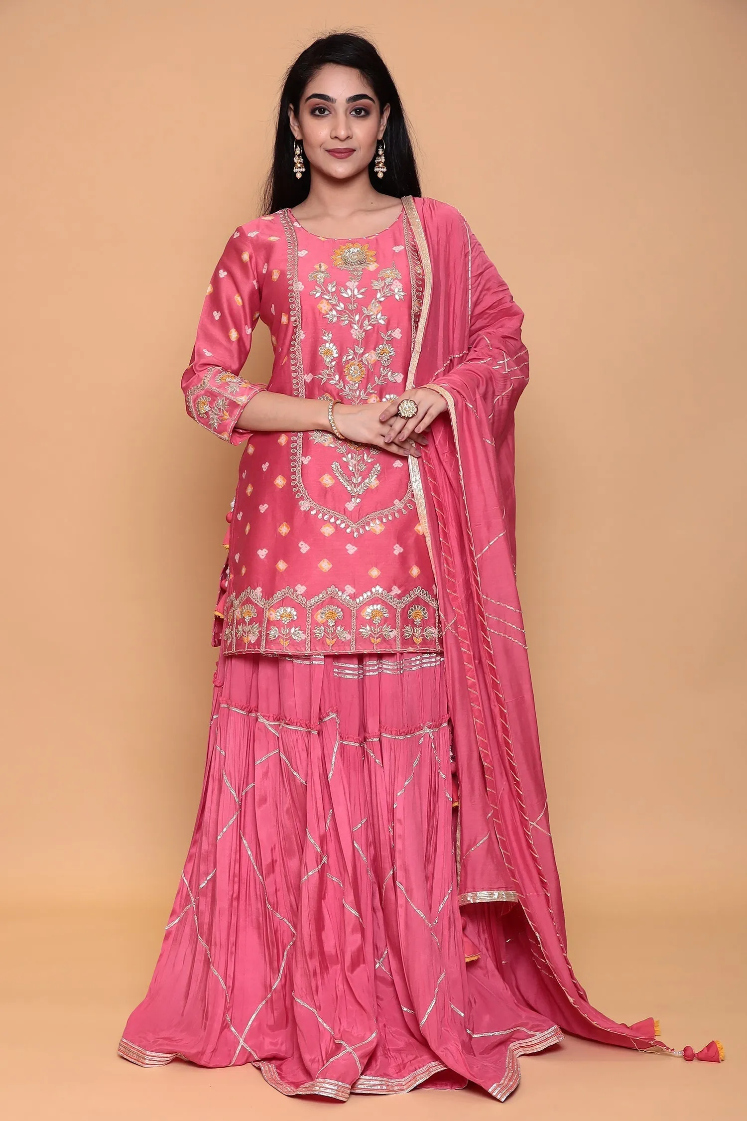 Bandhej Silk Suit with Gota, Gota Patti, Thread work.