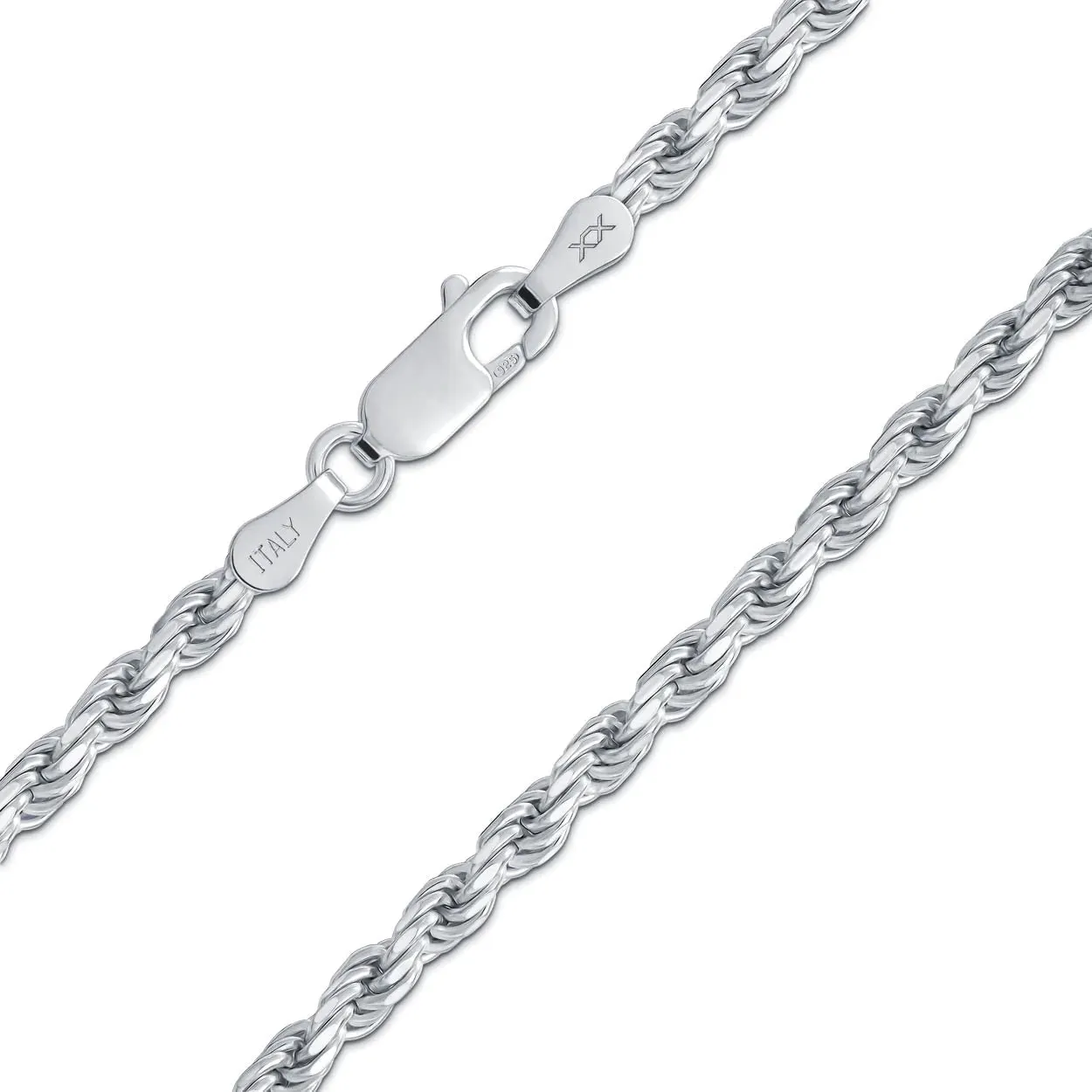 Better Jewelry 3.2mm Rope Diamond cut Chain Necklace .925 Sterling Silver w. Rhodium plate