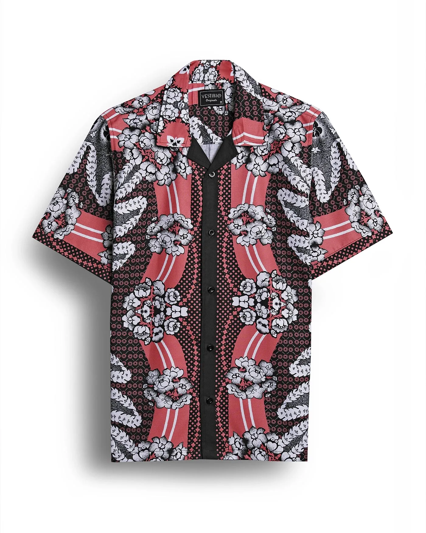 Black and Red flower printed camp collar shirt for men