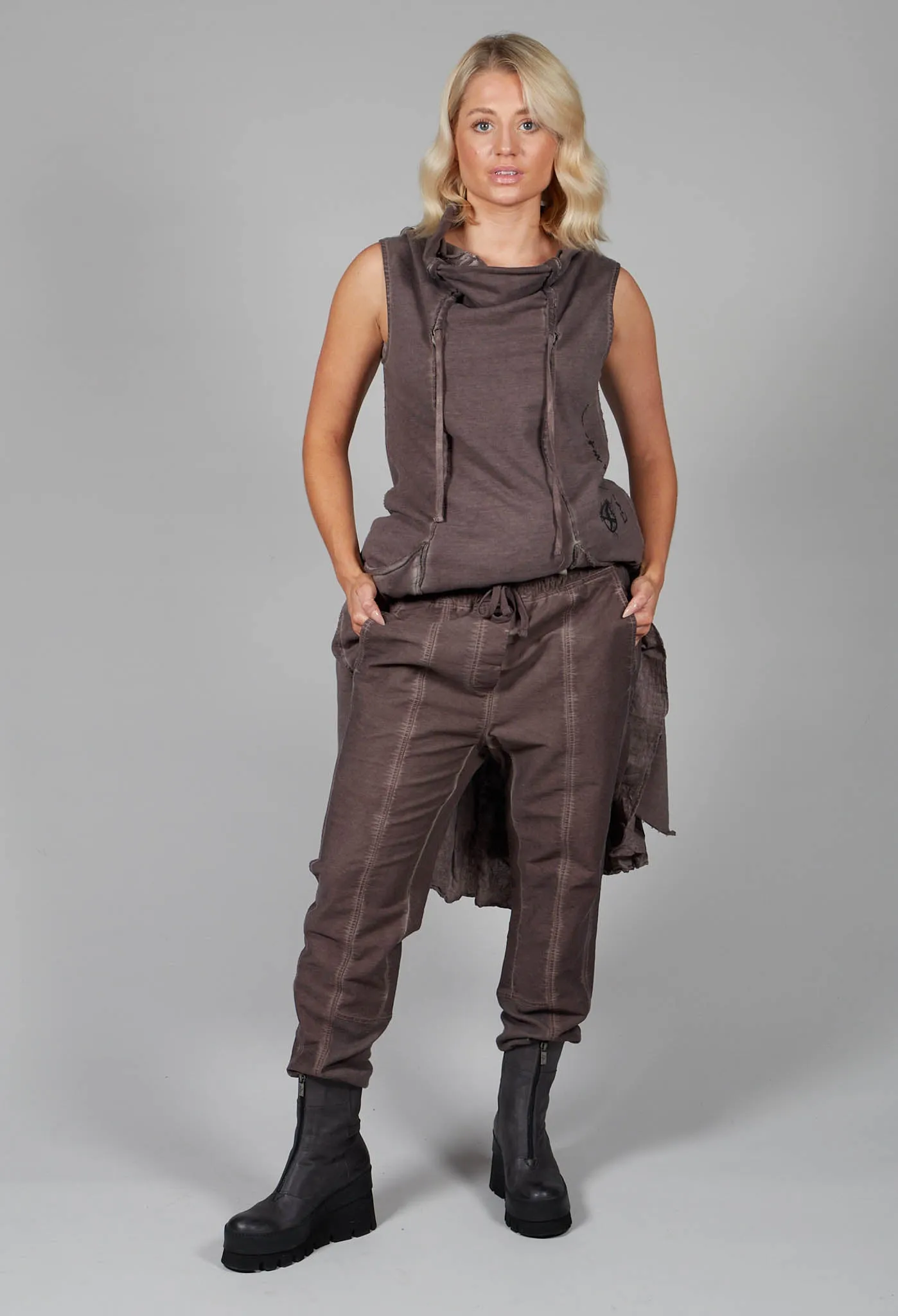 Black Cotton Trousers with Elasticated Waist in Taupe Cloud