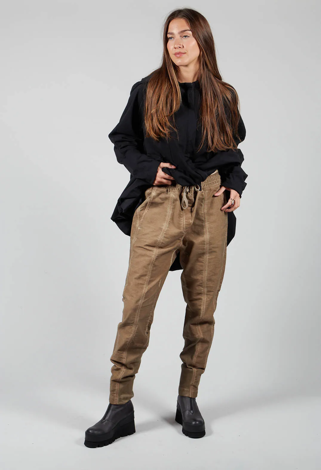 Black Cotton Trousers with Elasticated Waist in Walnut Cloud