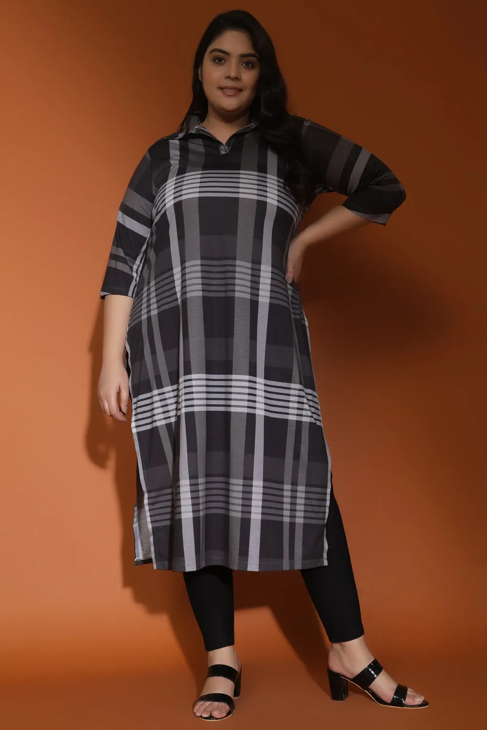 Black Grey Plaid Printed Kurta