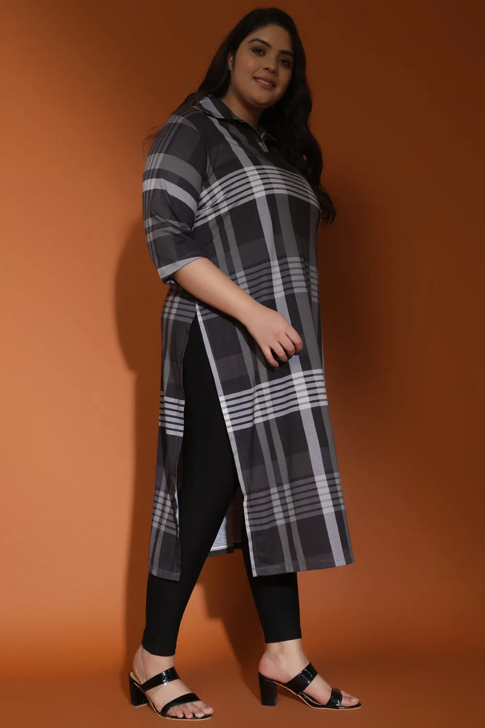 Black Grey Plaid Printed Kurta