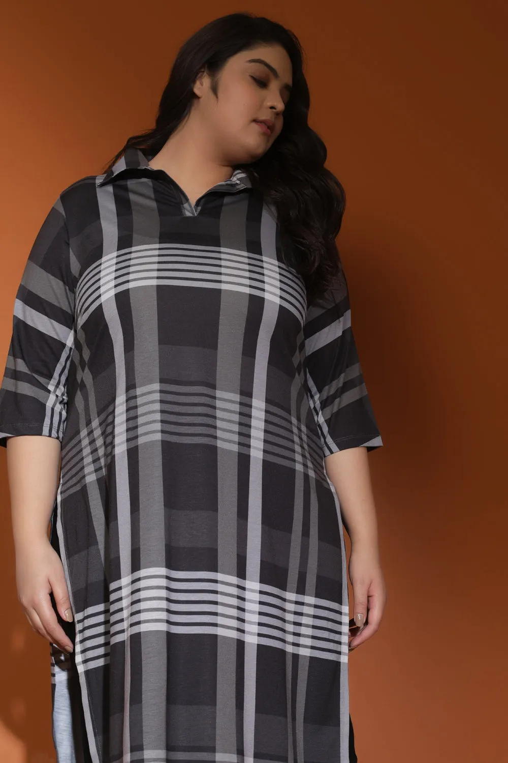 Black Grey Plaid Printed Kurta