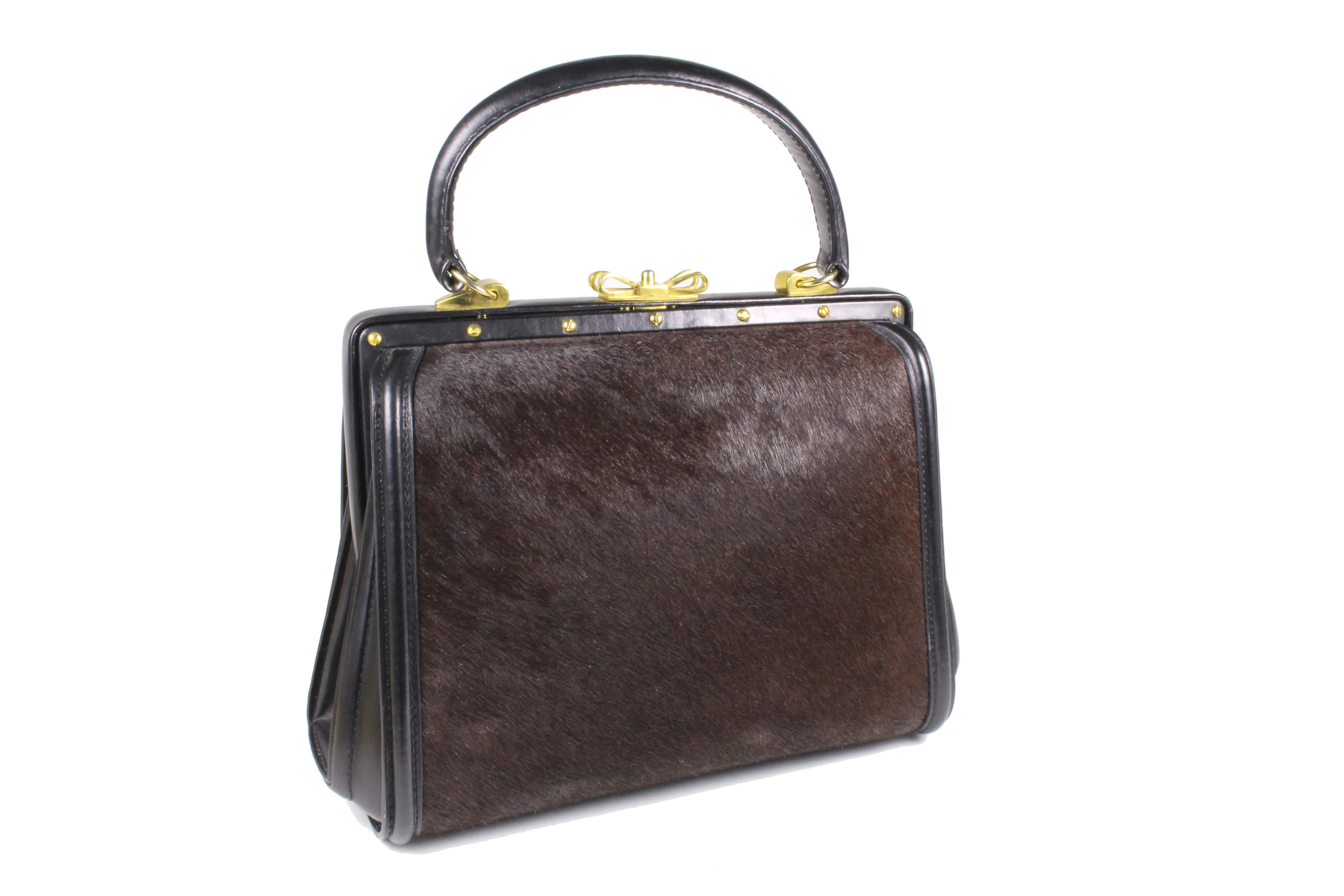 Black leather and brown fur frame handbag