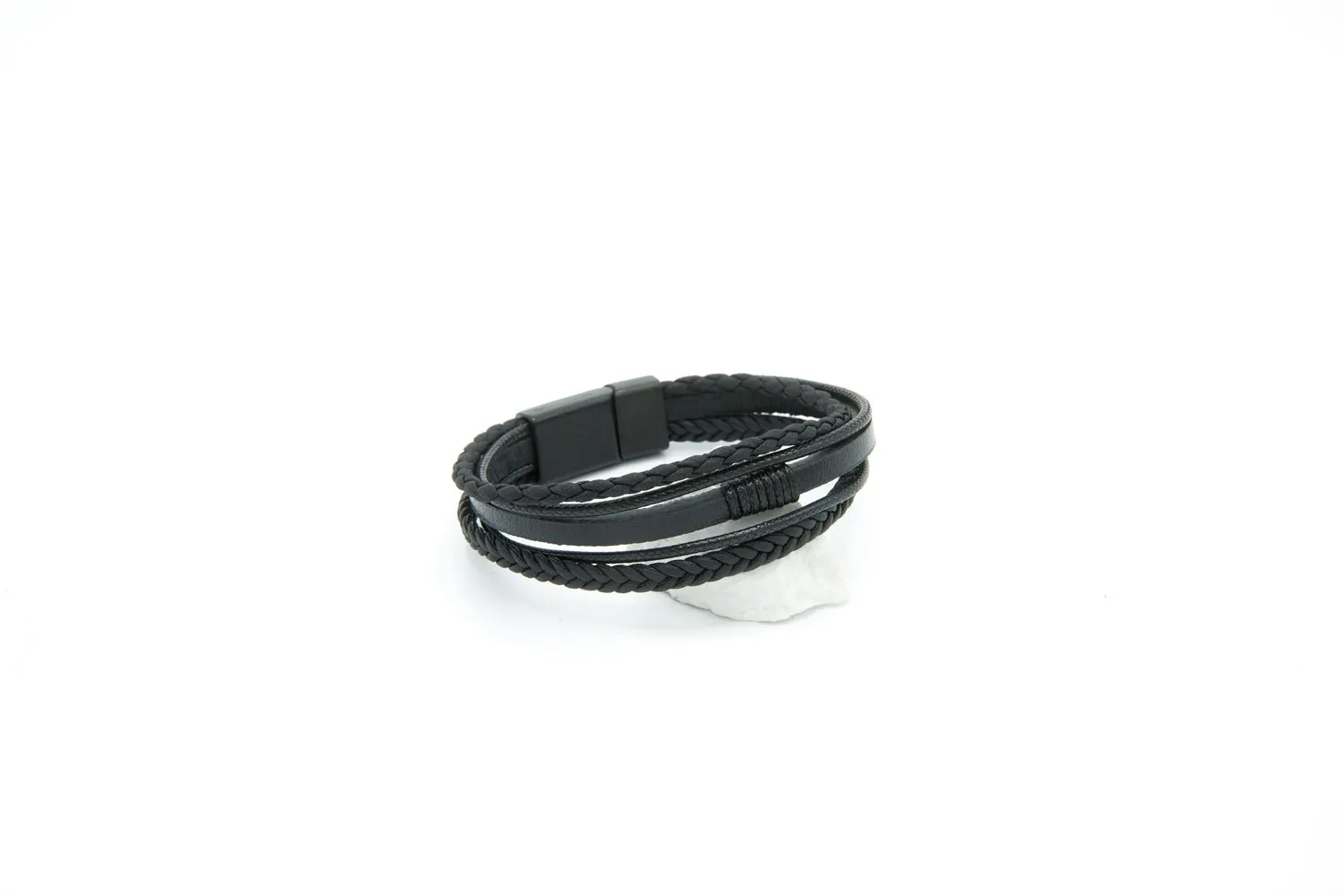 Black Multi-layered 15mm Genuine Leather Braided Bracelet Fathers Day Gift