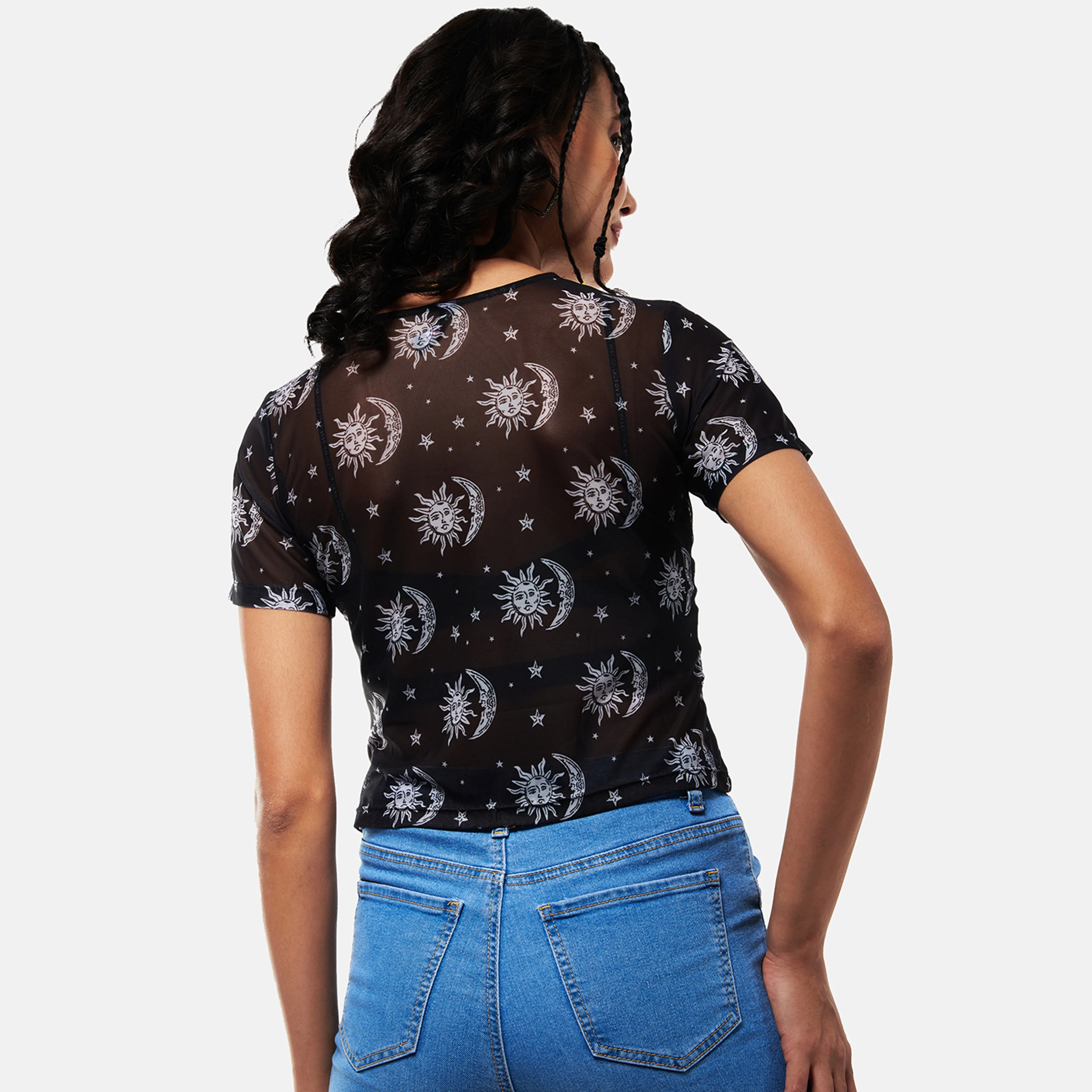 Black Sun Print Mesh Top