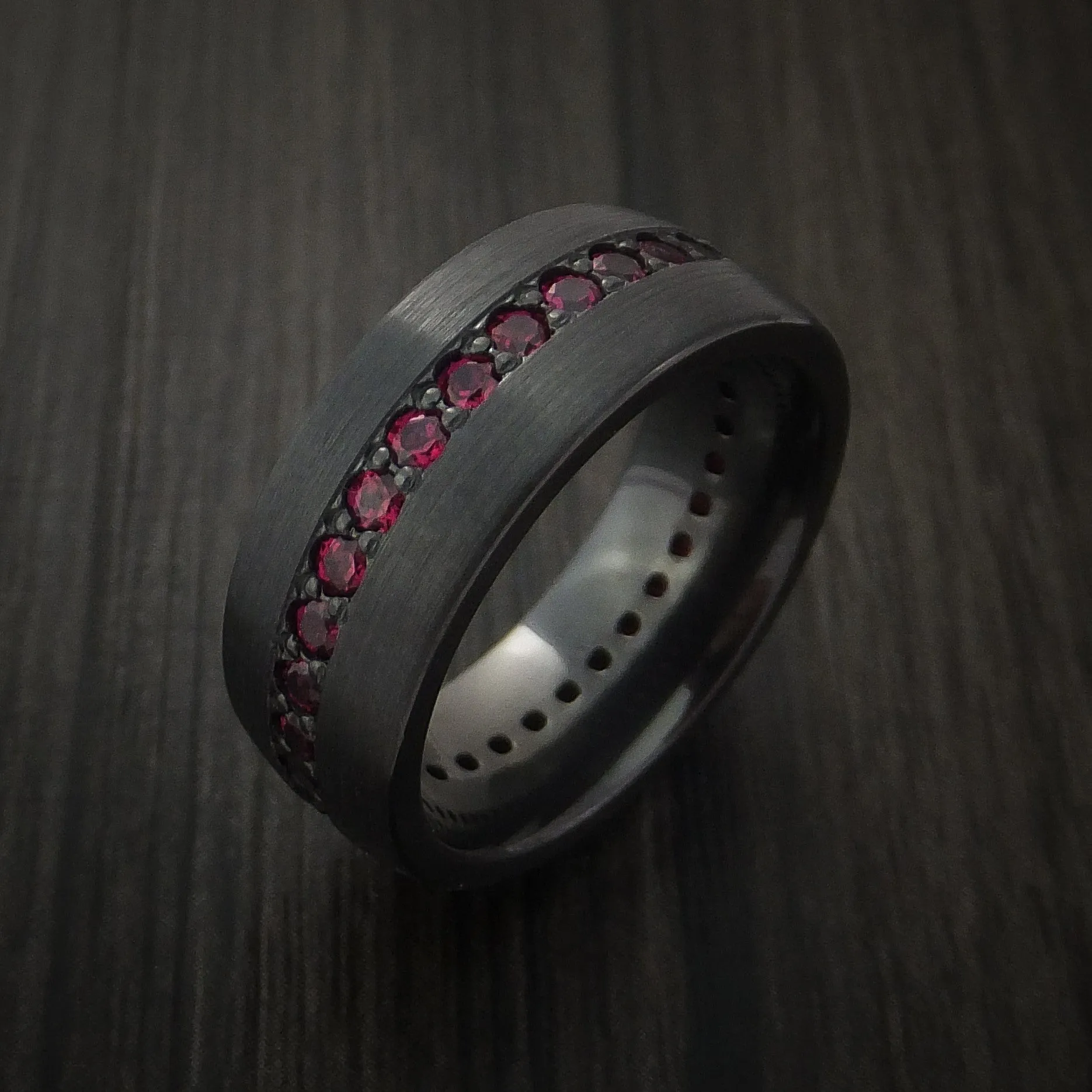 Black Zirconium Eternity Men's Band with Stunning Red Rubies