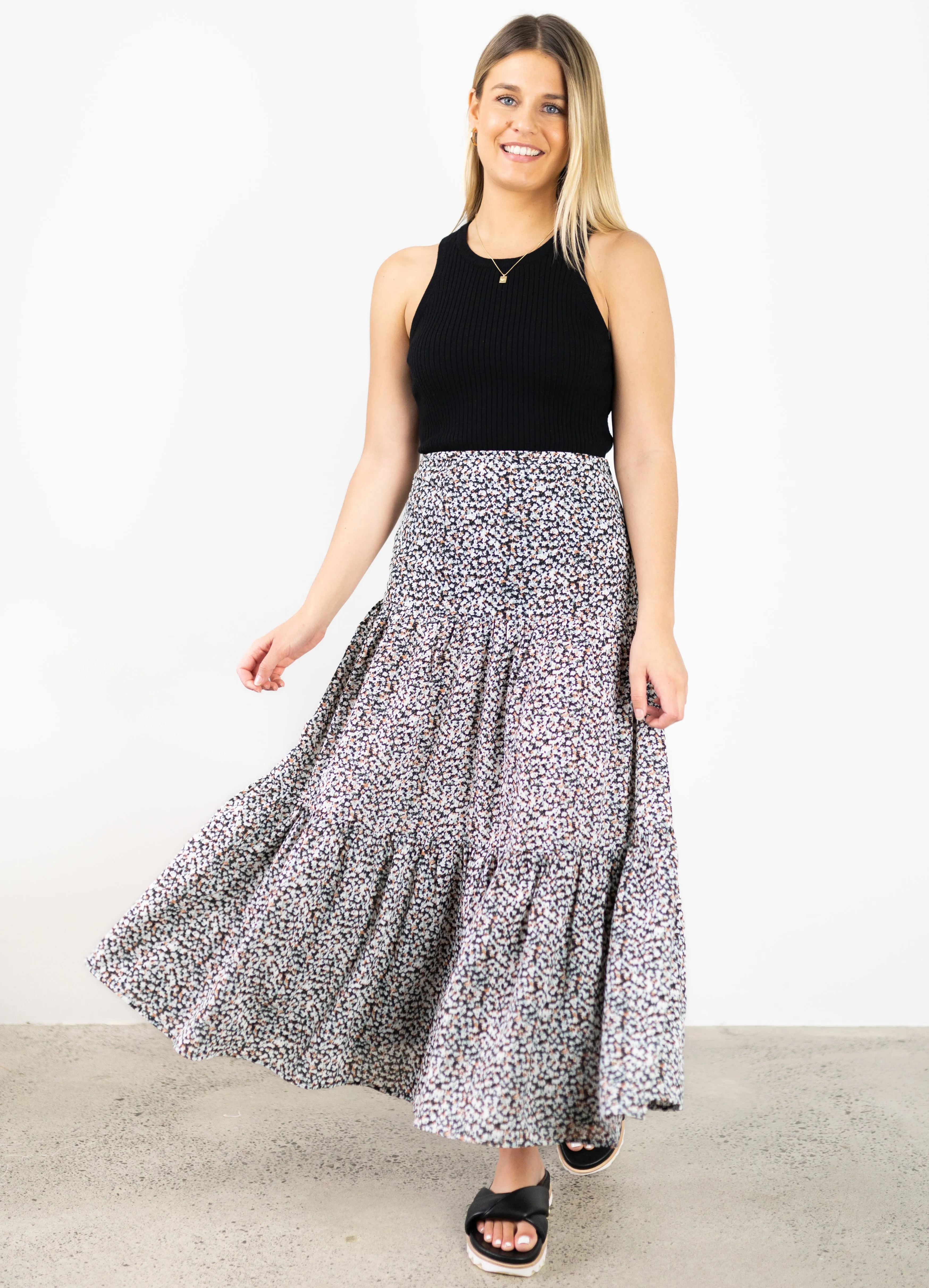 Blazing Toffee Mini Blossom Tiered Midi Skirt