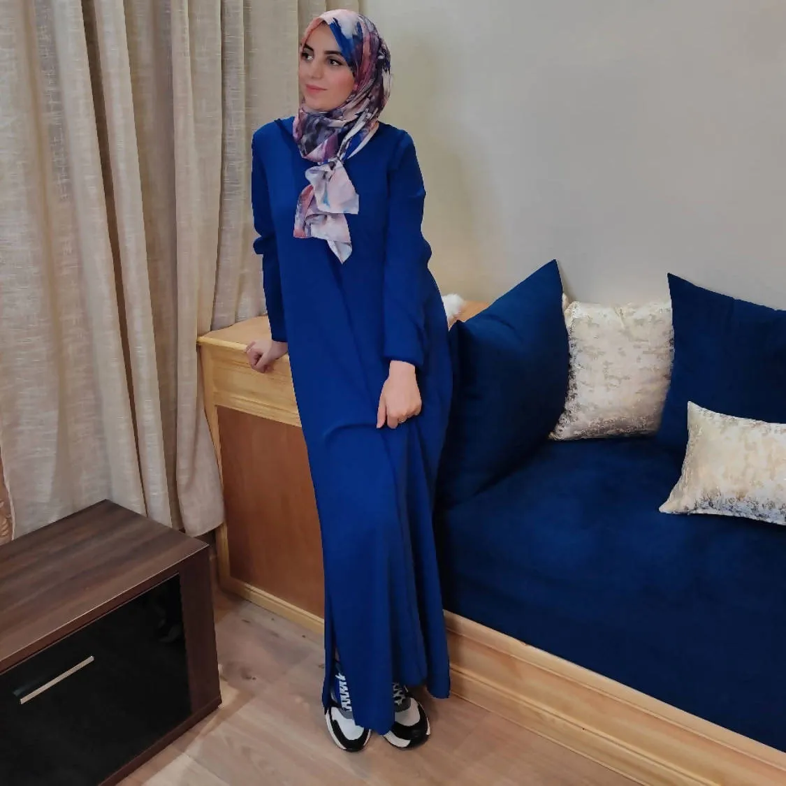 Blue Moroccan Djellaba in Crepe Fabric