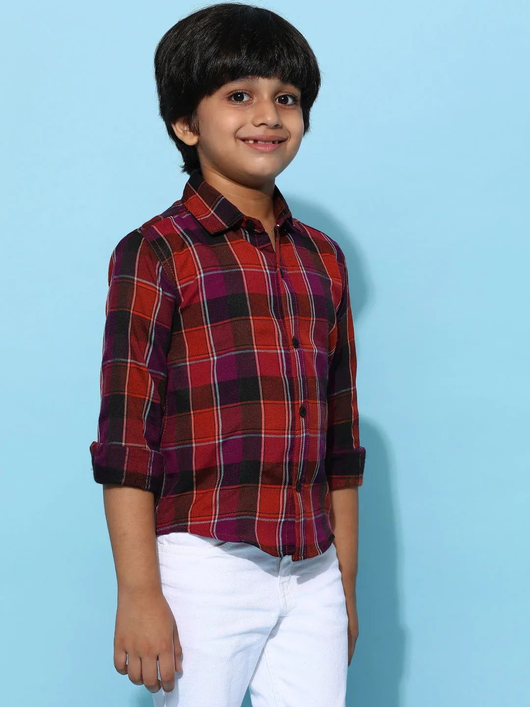 Boys Multi Color Cotton Poly Checked Regular Fit Shirt