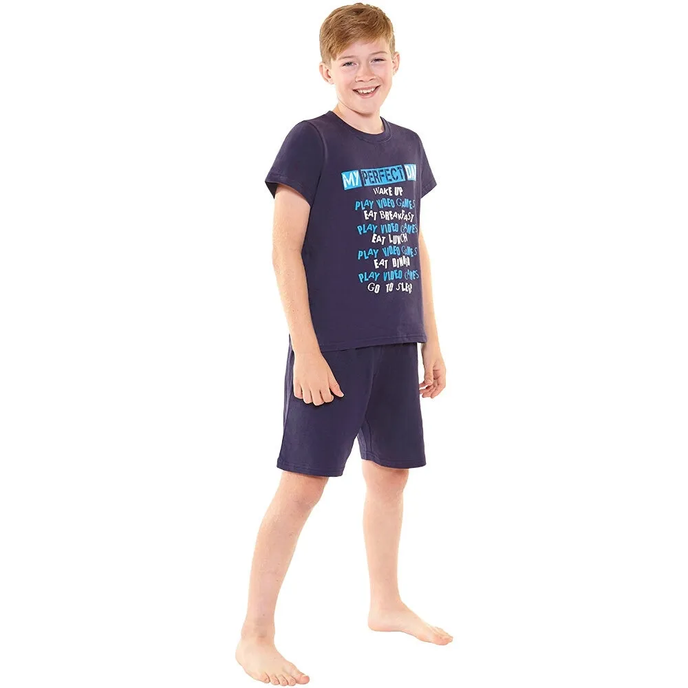 Boys Perfect Day Blue Black Gaming Shortie Pyjamas