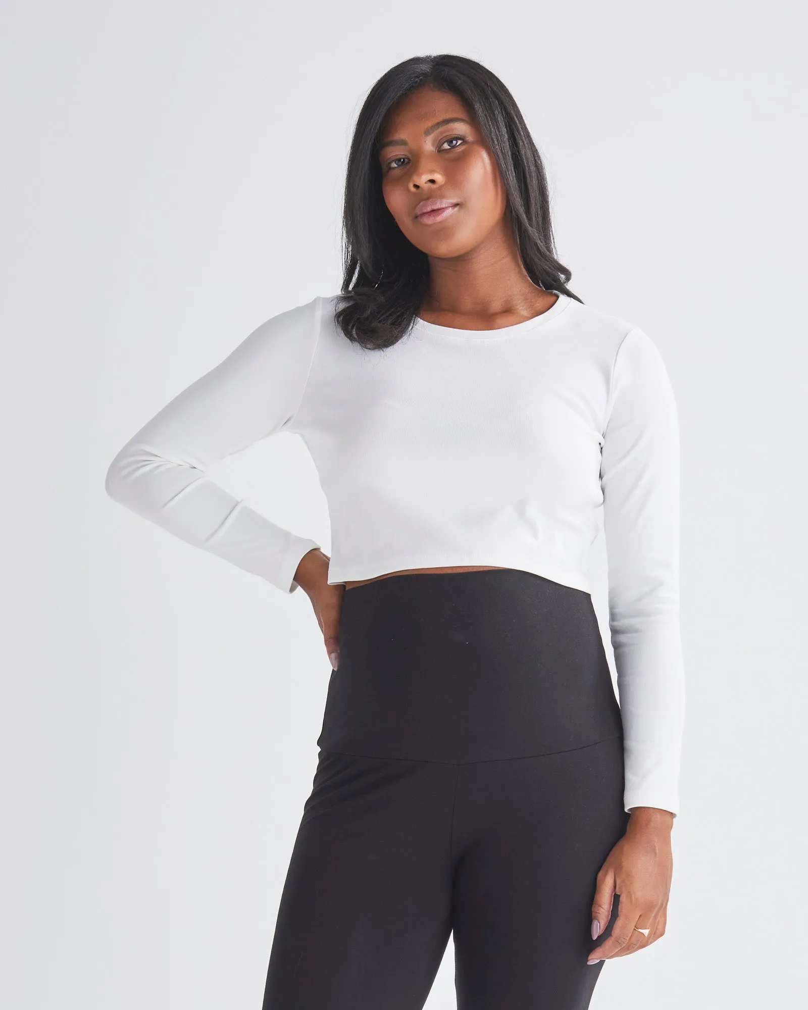 Celia Maternity Long Sleeve Cotton Crop Tee - White