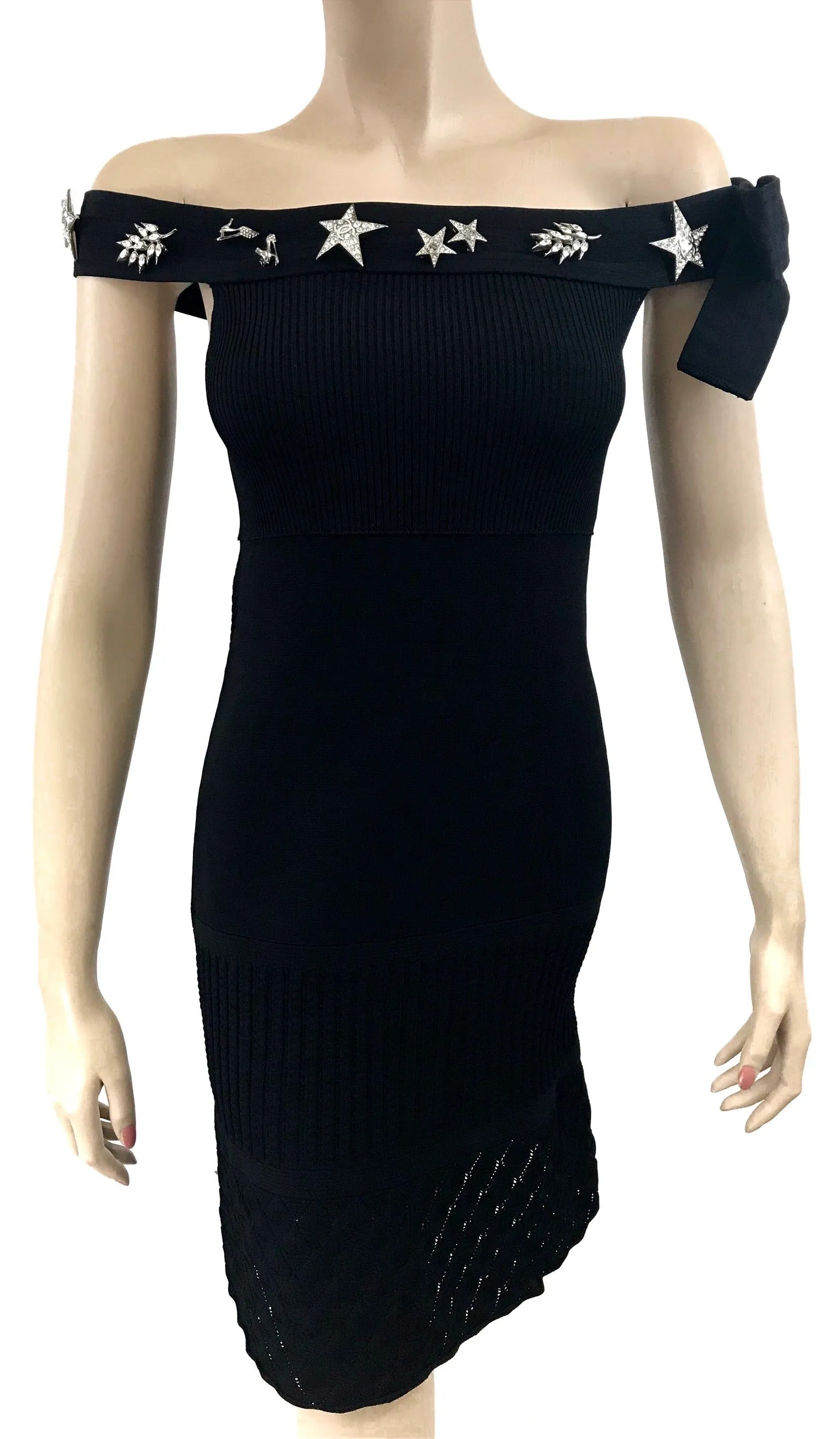 Chanel 08P Crystal Detachable Brooches Black Knit Dress