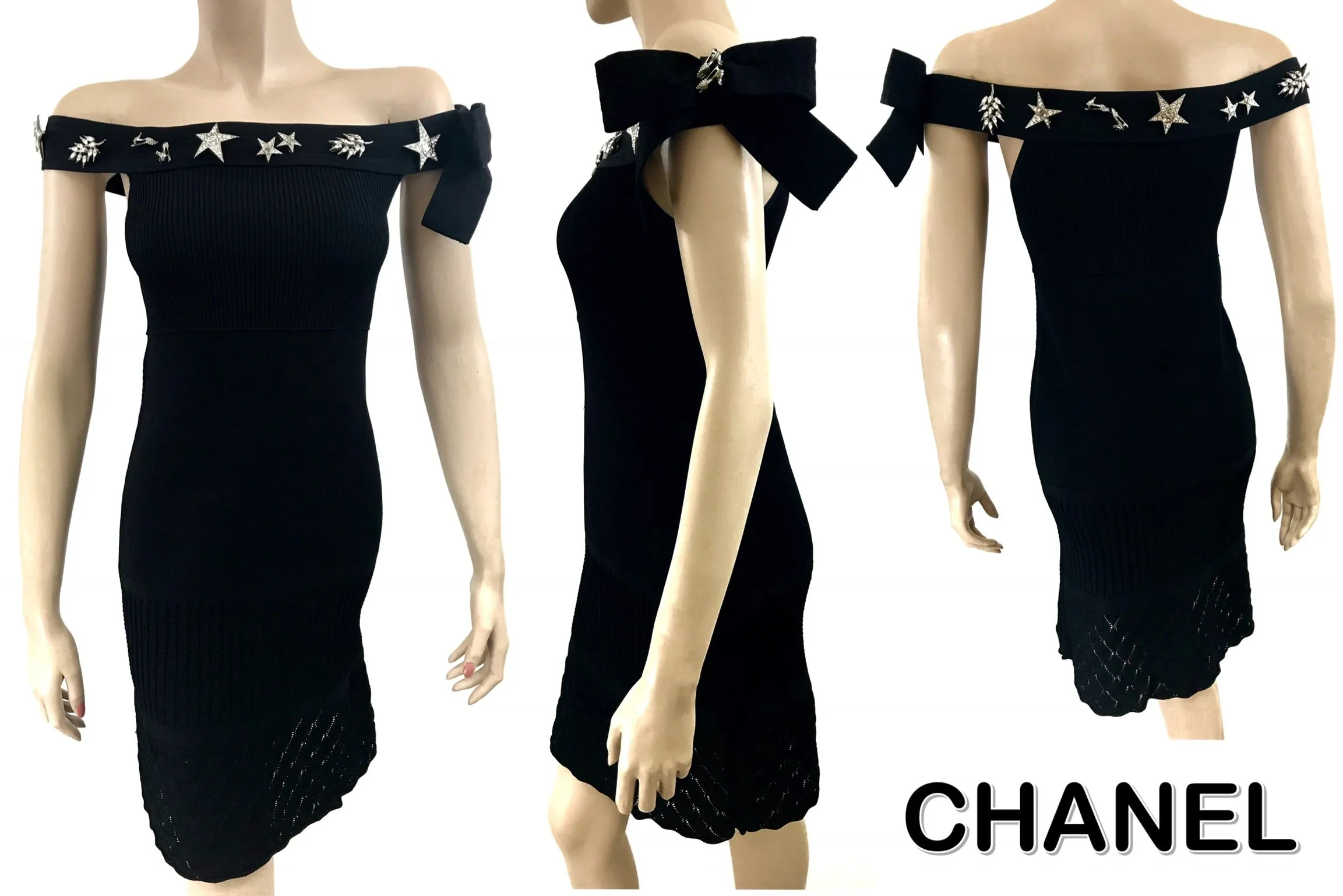 Chanel 08P Crystal Detachable Brooches Black Knit Dress