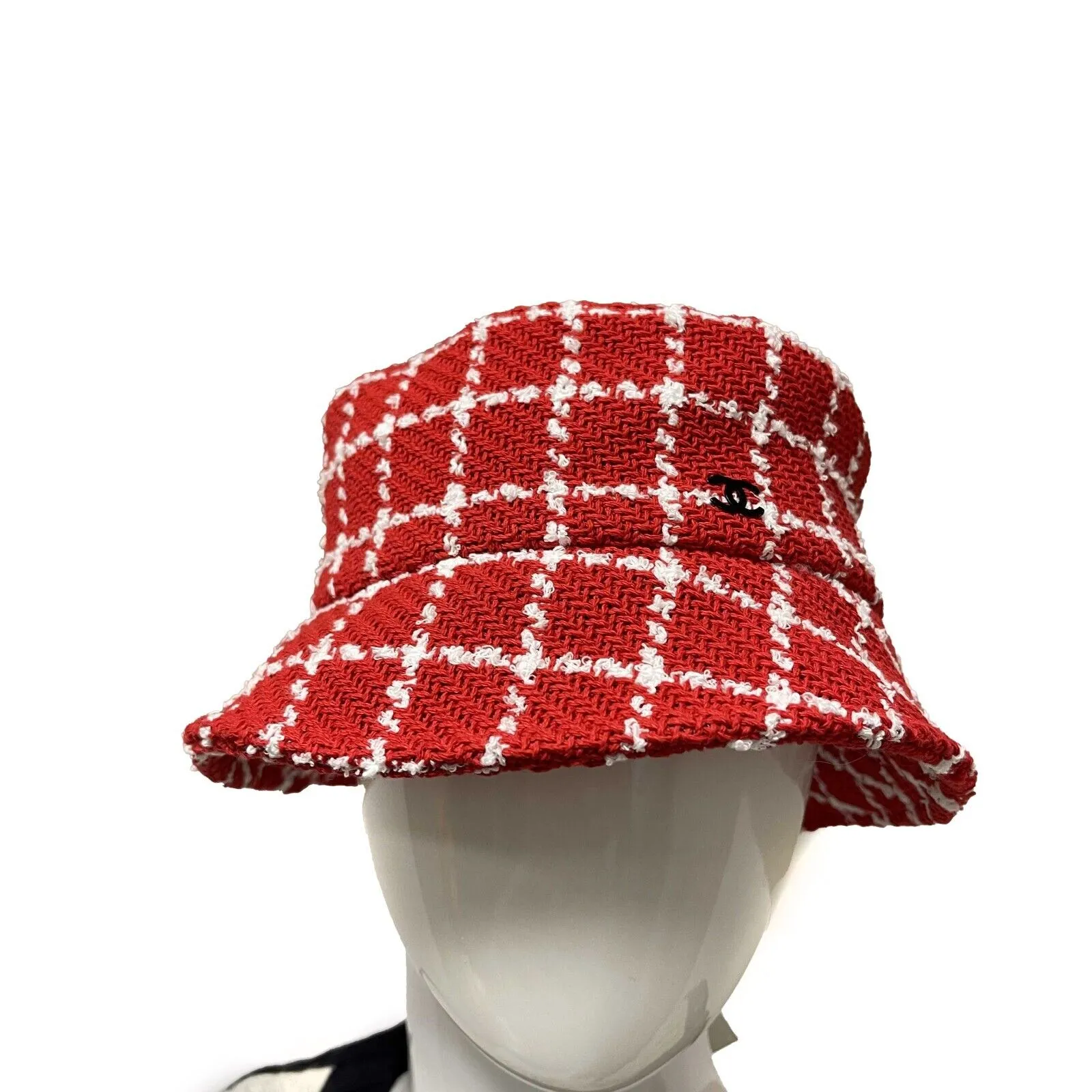 Chanel NWT 23C RUNWAY Red White Fantasy Tweed Medium Bucket Hat Medium