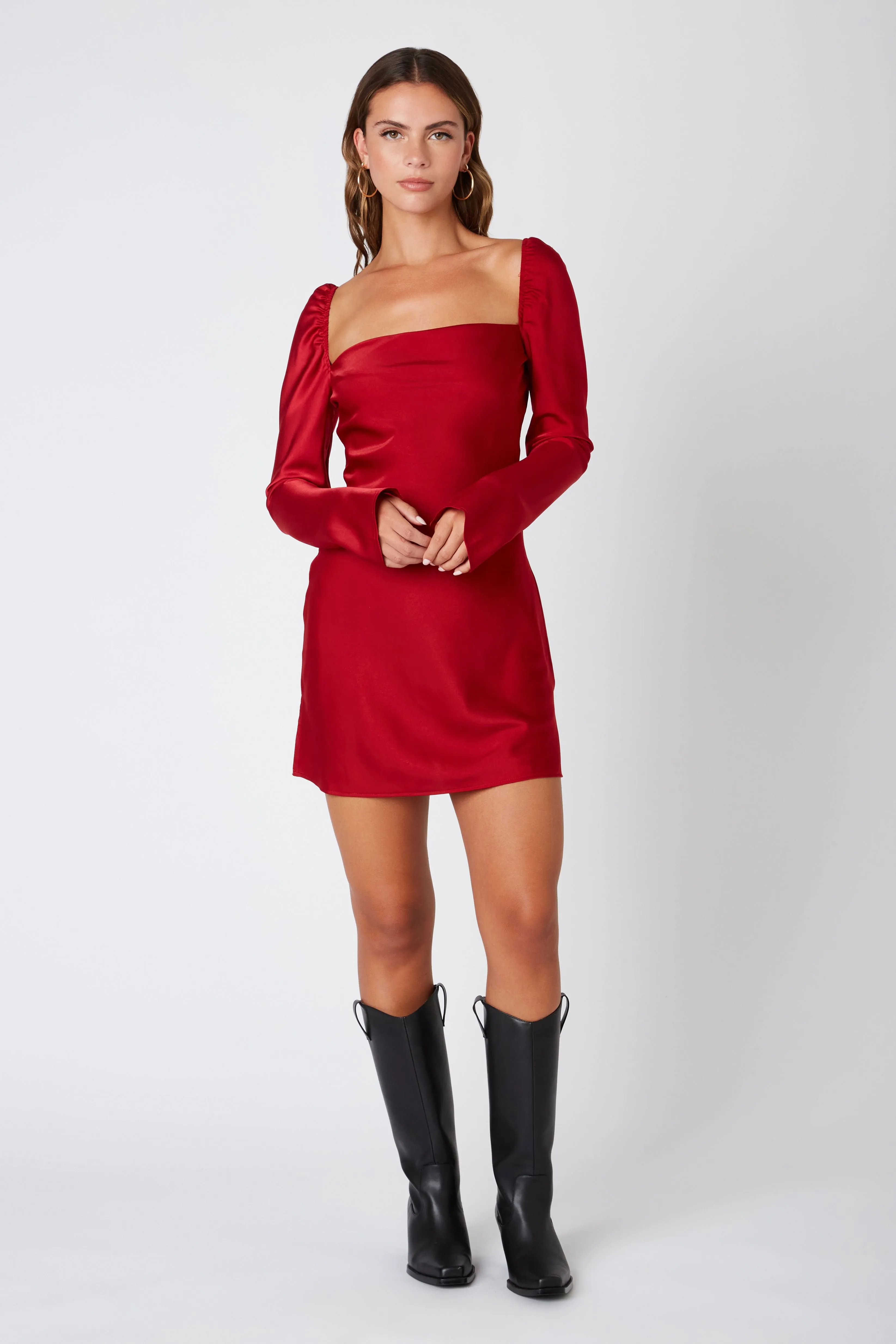 Chloe Satin Square Neck Bias Cut Slip Long Sleeve Mini Dress - Red