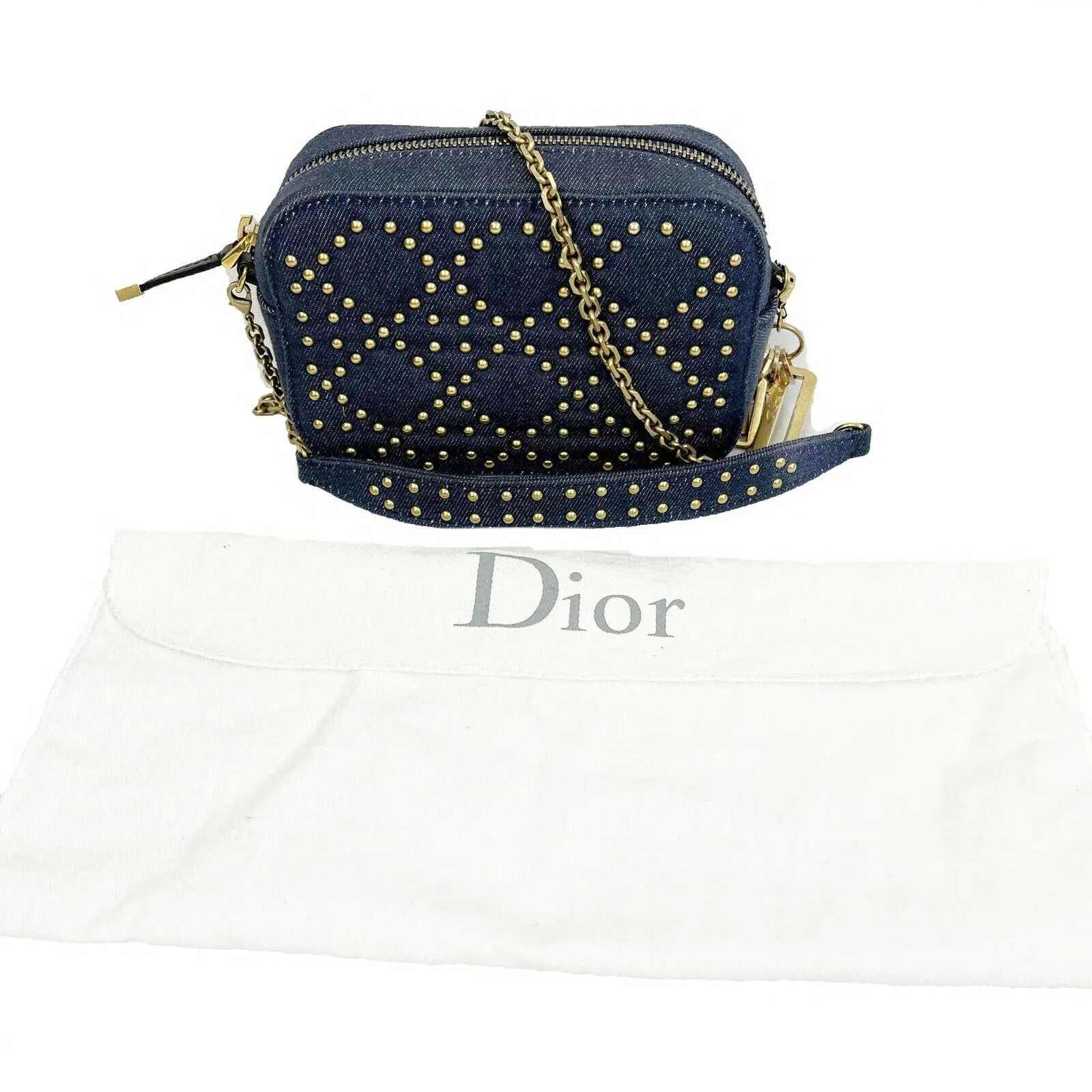 Christian Dior - Lady Dior - Antique Gold Denim Studded Camera - Chain Crossbody