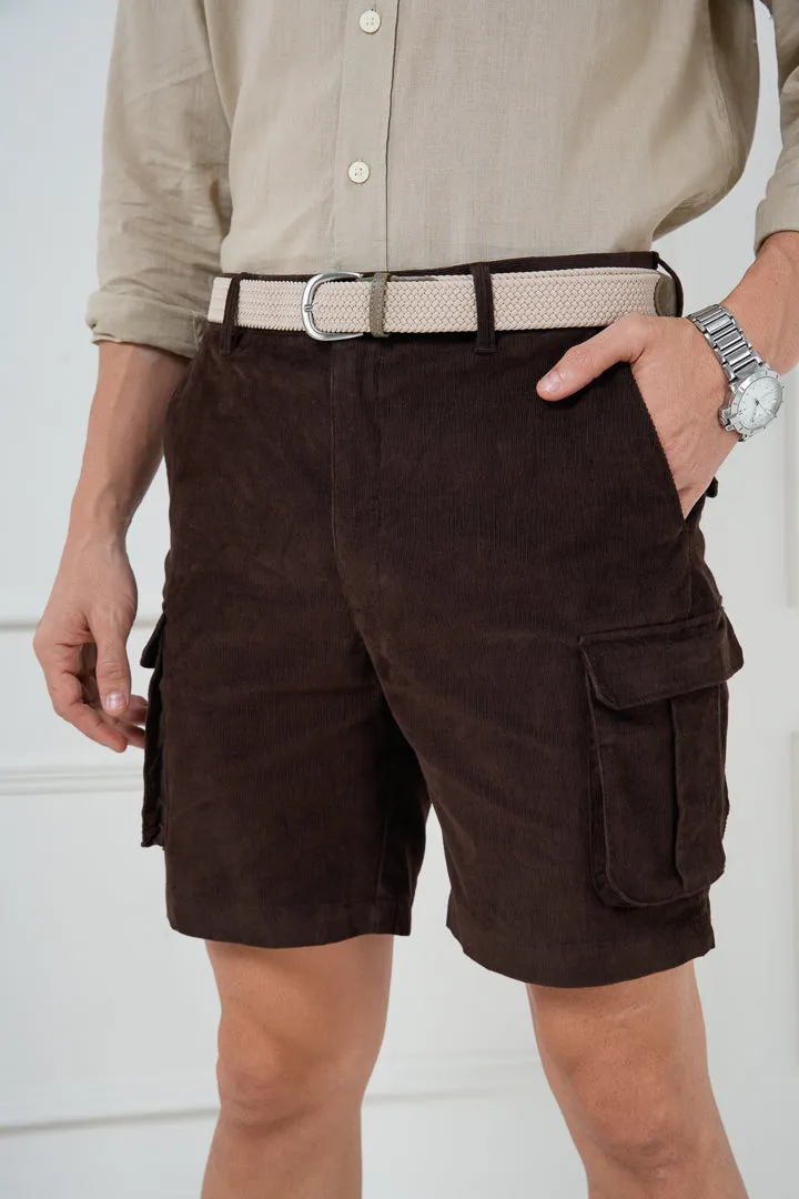 Coffee Brown Corduroy Stretch Cargo Shorts